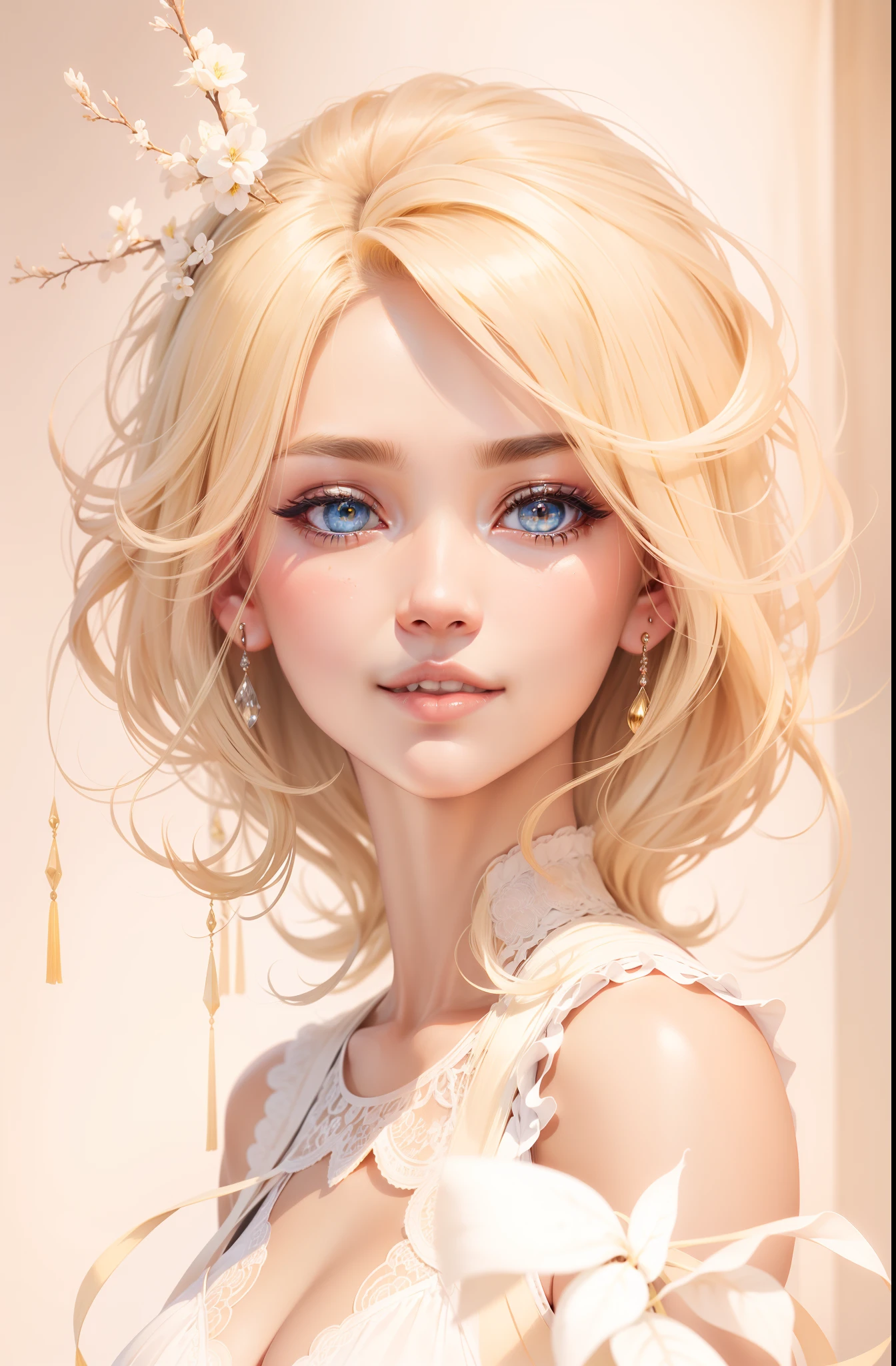 A close-up of a beautiful, STUNNING blonde half Asian half Caucasian woman, with cascading highlights, pastel eyes sparkling with joy