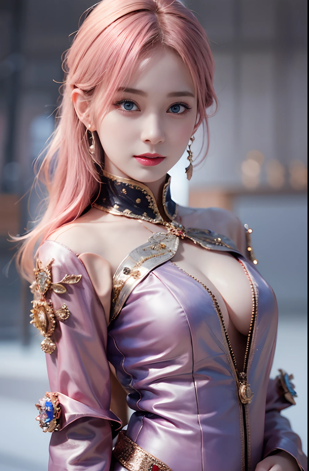 best quality, ultra high res, (photorealistic:1.4), (detailed beautiful girl:1.4), (medium breasts:0.8), looking_at_viewer, Detailed facial details, beautiful detailed eyes,pink hair, blue eyes, slender, haunting smile, (makeup:0.3), red lips, highly detailed clothes, (ulzzang-6500-v1.1:0.3)