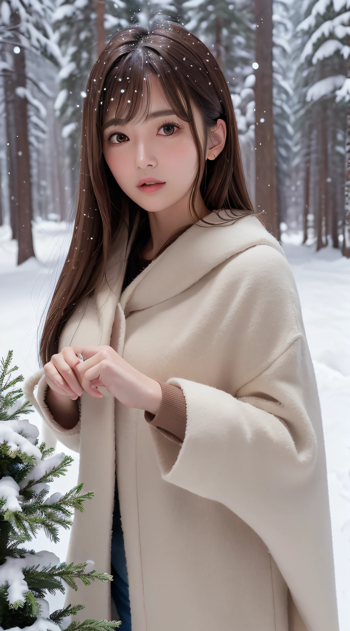 1womanl, up of face, light brown hair, Blunt bangs, hair behind ear, hair over shoulder, Long hair, slender body shape, Ultra Fine Face, Thin face, Delicate lips, Beautiful eyes, thin blush, eyes are light brown,View here, Ultra-thin hands, Ultra-fine fingers, best ratio four finger and one thumb, (realisitic:1.3), White cloak coat. muffler,gloves、Coniferous forest with heavy snowfall, It's snowing.One-person viewpoint, Fuji Film, 8K, masutepiece, nffsw, Super Detail, High quality, Best Quality, hight resolution,