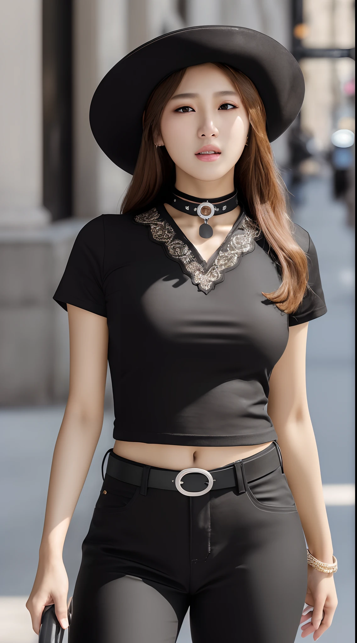 apinkhayoung, urban, streets, (day:1.1), RAW,(8k, best quality, masterpiece:1.2),(intricate details:1.4),(photorealistic:1.4),octane render, complex 3d render ultra detailed, studio soft light, rim light, vibrant details, ultra detailed, realistic skin texture, detailed face, beautiful detailed eyes, extremely detailed CG unity 8k wallpaper, makeup, (detailed background:1.2), (cowboy shot:1.2),(perfect anatomy:1.2),(wide hip:1.1),(black t-shirt, pants, choker, beret:1.2),