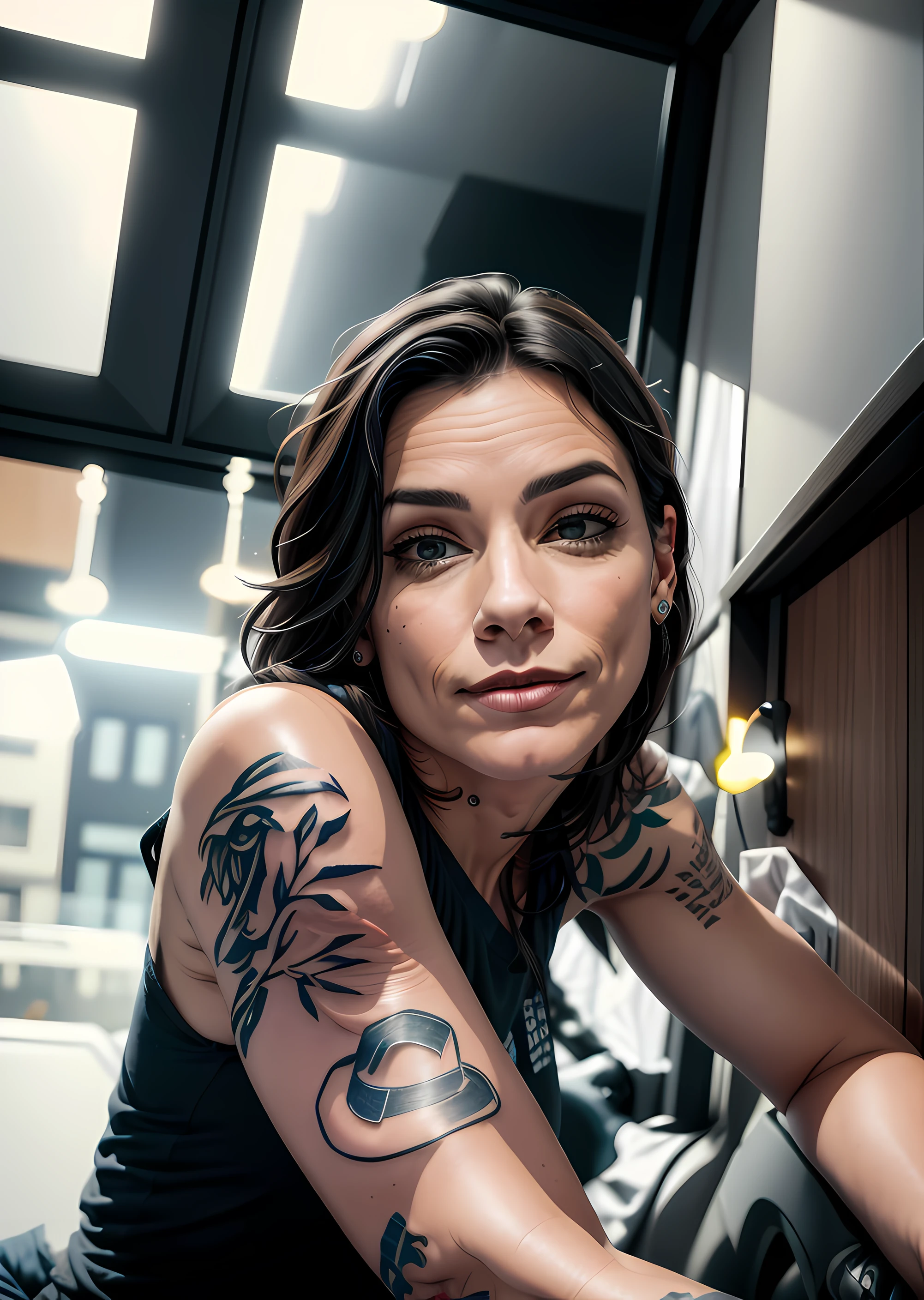 Woman with a tattoo on her arm sitting on a chair, POV completo, chilled out smirk on face, Ela tem um rosto bonito, ela tem um rosto expressivo bonito, sexy look at the camera, she's facing the camera, com tatuagens, Tattooed forearm, Foto retrato suave 8 k, Streamer do Twitch, looking-into-camera, faixa de cortina