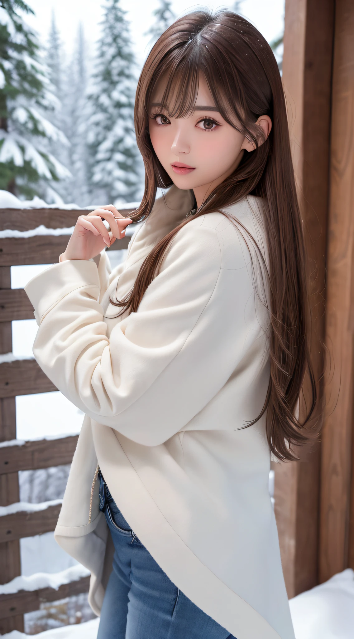 1womanl, up of face, light brown hair, Blunt bangs, hair behind ear, hair over shoulder, Long hair, slender body shape, Ultra Fine Face, Thin face, Delicate lips, Beautiful eyes, thin blush, eyes are light brown,View here, Ultra-thin hands, Ultra-fine fingers, best ratio four finger and one thumb, (realisitic:1.3), White cloak coat. muffler,gloves、Coniferous forest with heavy snowfall, It's snowing.One-person viewpoint, Fuji Film, 8K, masutepiece, nffsw, Super Detail, High quality, Best Quality, hight resolution,