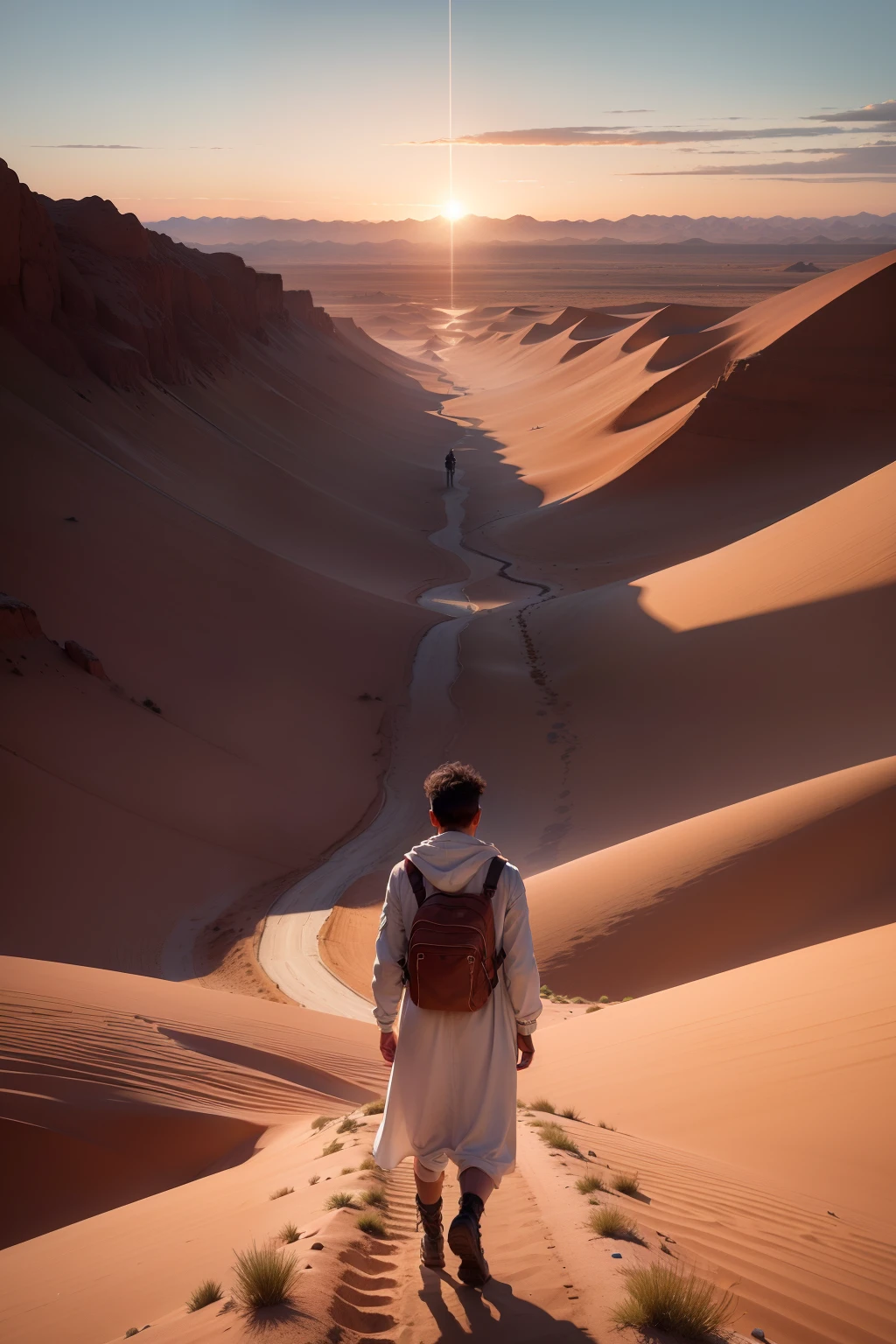 Scene description:
((In a vast and desolate expanse of desert, Um jovem fica sozinho de costas olhando para o nascer do sol,)) vestido com roupas esfarrapadas e carregando uma pequena bolsa. His face is young and determined, como se estivesse pronto para enfrentar qualquer desafio que surgir em seu caminho. Behind him, the landscape is barren and lifeless, with only wilted grasses blowing in the breeze. In front of him is an unknown realm, cheio de infinitas possibilidades. The whole scene is filled with the spirit of adventure and exploration, making someone feel compelled to follow the young man on his journey, para explorar o mundo desconhecido.