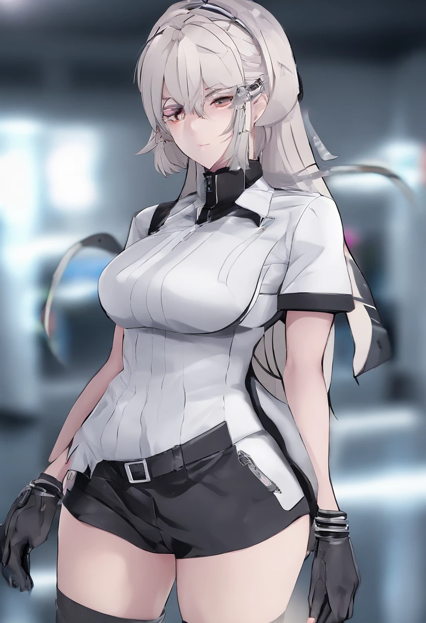 ((1 cyborg woman)),((huge breasts)),((curvy woman)),((walking into a room)),((a penis sticking out of her pussy)),((embarrassed face)), ((bare breasts, with lots of bubian hair, wearing a scientist's coat)),((long gray hair, bright yellow eyes)),((with an assistant,)),((facing the viewer)),