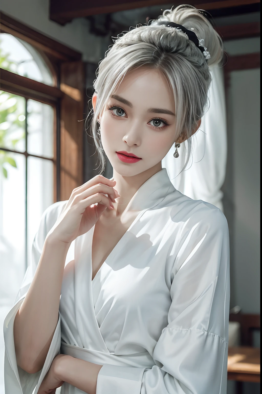 (Top Quality, Masterpiece: 1.2), Ultra High Resolution, Realistic, Front Lighting, Intricate Details, Exquisite Details and Textures, 1girl, Solo, (Youth), Face Highlights, Upper Body, Detailed Face, White Skin, Silver Hair, Ponytail, Braid Hair, Watch Viewer, Big Eyes, Silk Robes, (Hollow Pattern, White, Silk), Earrings, Small Breasts, Slim Body, Luxurious RoomProfessional Lighting, Photon Mapping, Radiosity, Physically Based Rendering,