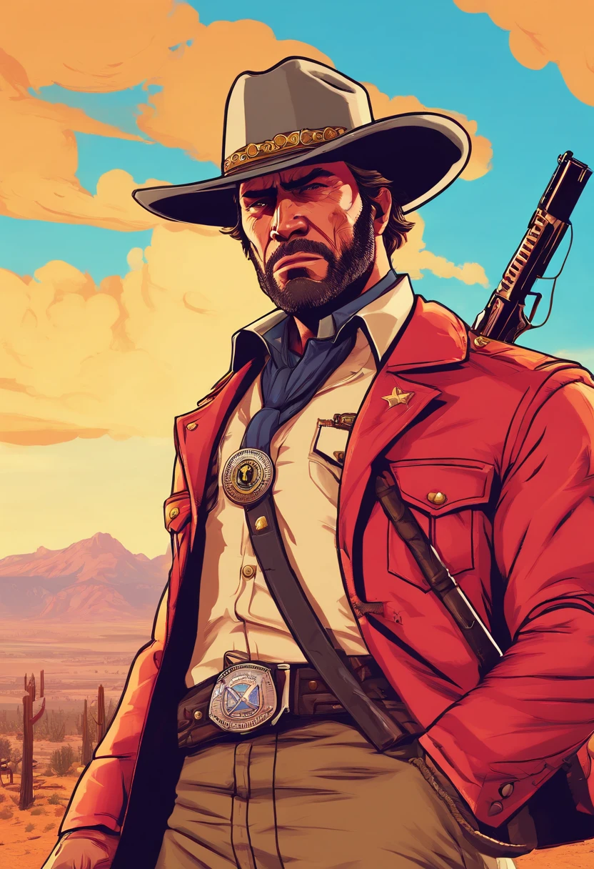 Red Dead Redemption 2 illustration style,Sheriff Curtis Malloy,Wear a Nevada hat,Khaki coat,Blue vest and white shirt,sheriff badge, masterpiece, artwork, key art