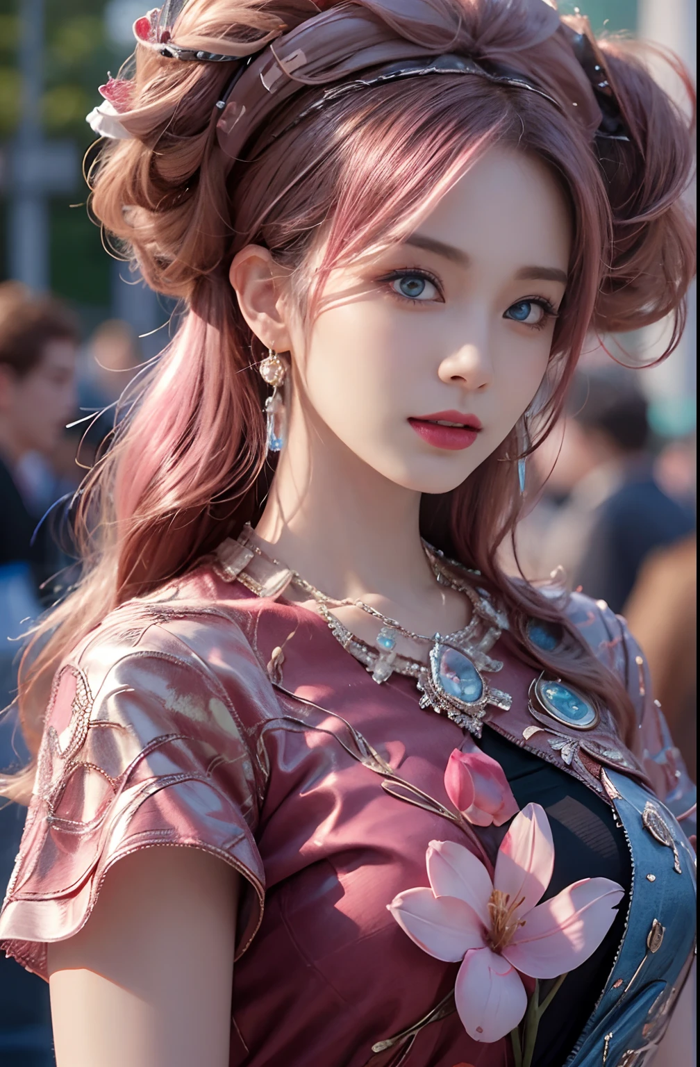 best quality, ultra high res, (photorealistic:1.4), (detailed beautiful girl:1.4), (medium breasts:0.8), looking_at_viewer, Detailed facial details, beautiful detailed eyes,pink hair, blue eyes, slender, haunting smile, (makeup:0.3), red lips, highly detailed clothes, (ulzzang-6500-v1.1:0.3)