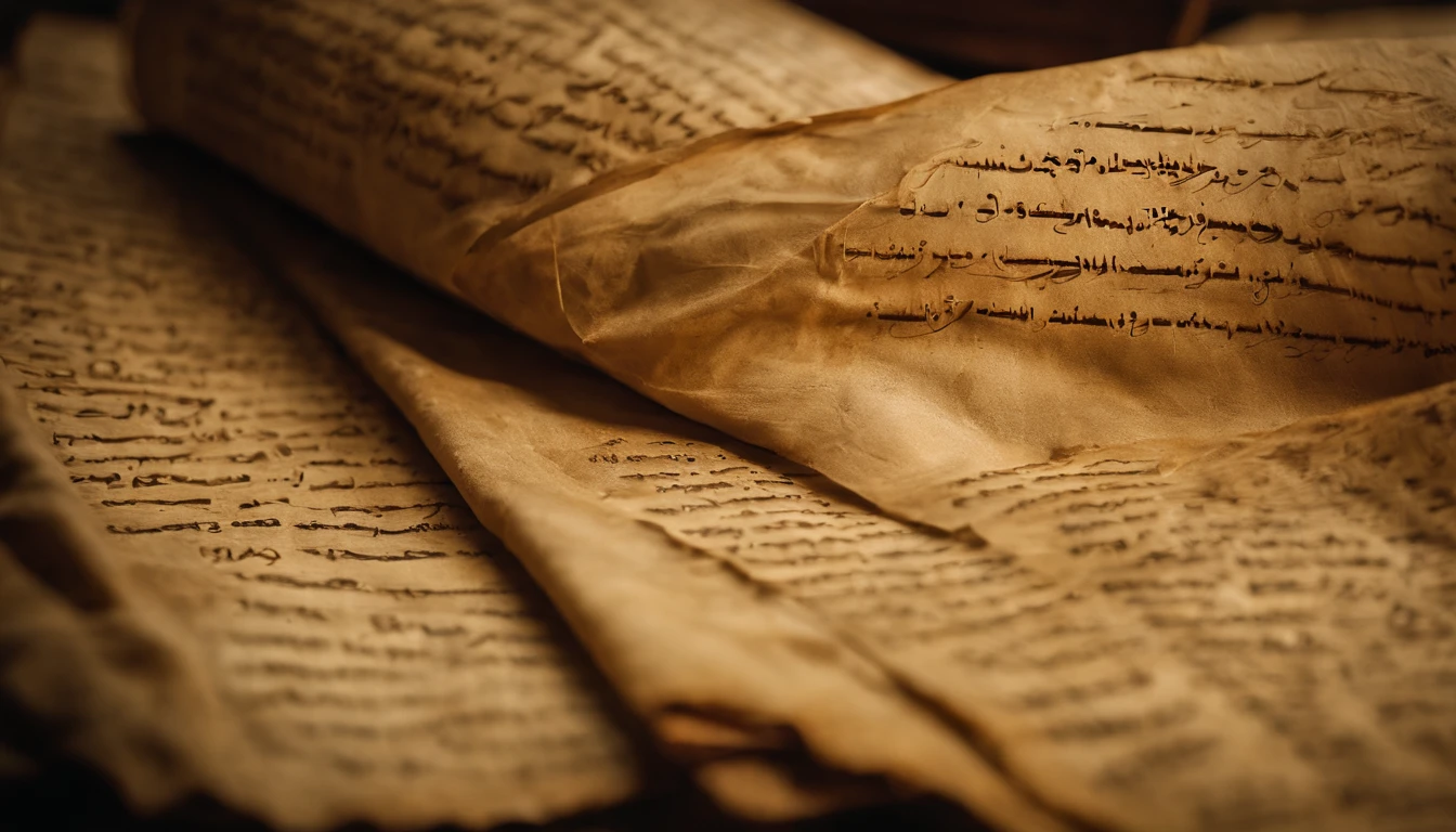 Describe an image featuring a collection of ancient parchments written in Aramaic, displaying visible signs of wear and tear due to the passage of time. The parchments are carefully arranged on an aged surface, and soft light highlights the Aramaic inscriptions, which have remained relatively intact despite aging. Explore the signs of wear, the folds in the parchments, and the sense of antiquity and mystery surrounding these historical documents.