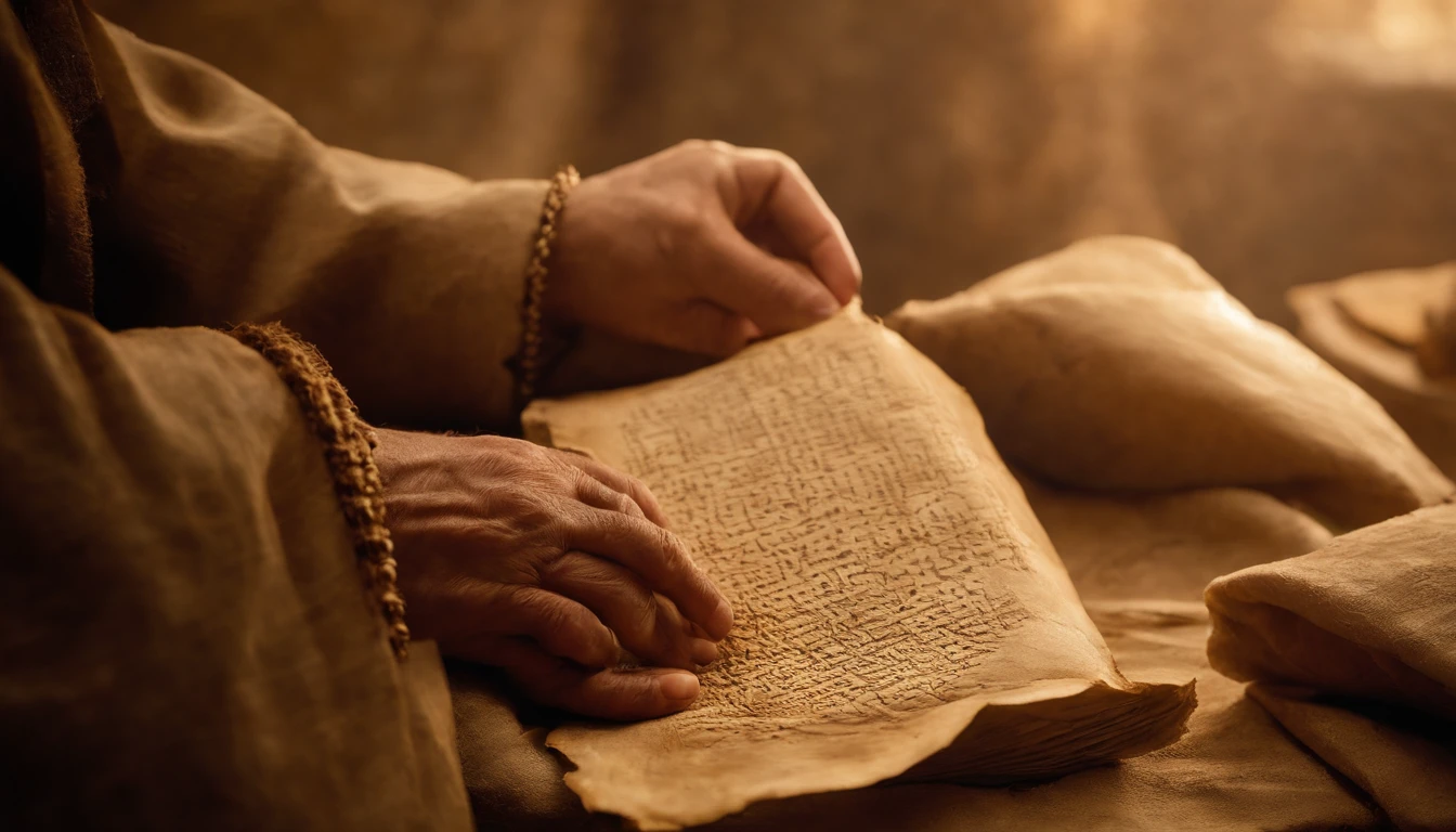 Describe an image featuring a collection of ancient parchments written in Aramaic, displaying visible signs of wear and tear due to the passage of time. The parchments are carefully arranged on an aged surface, and soft light highlights the Aramaic inscriptions, which have remained relatively intact despite aging. Explore the signs of wear, the folds in the parchments, and the sense of antiquity and mystery surrounding these historical documents.