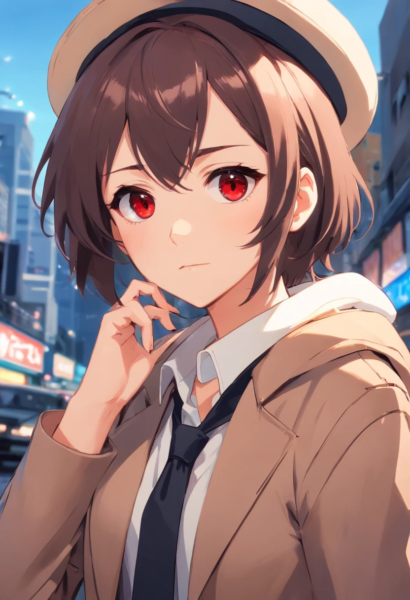 yaneyama mai style, (masterpiece), best quality, expressive eyes, perfect face, with black gloves, red eyes, white shirt and brown suit, with a black hat, with brown hair, 1 boy