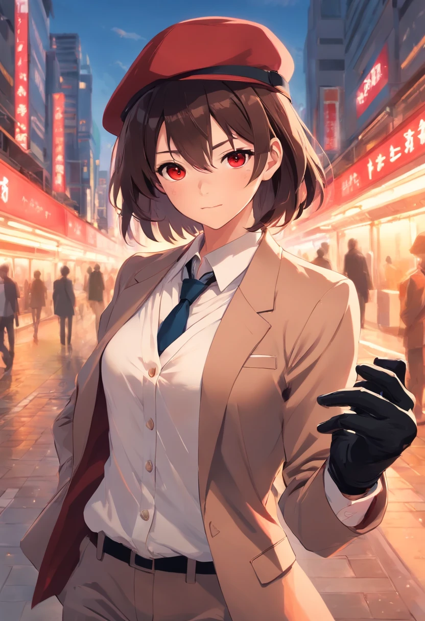 yaneyama mai style, (masterpiece), best quality, expressive eyes, perfect face, with black gloves, red eyes, white shirt and brown suit, with a black hat, with brown hair, 1 boy
