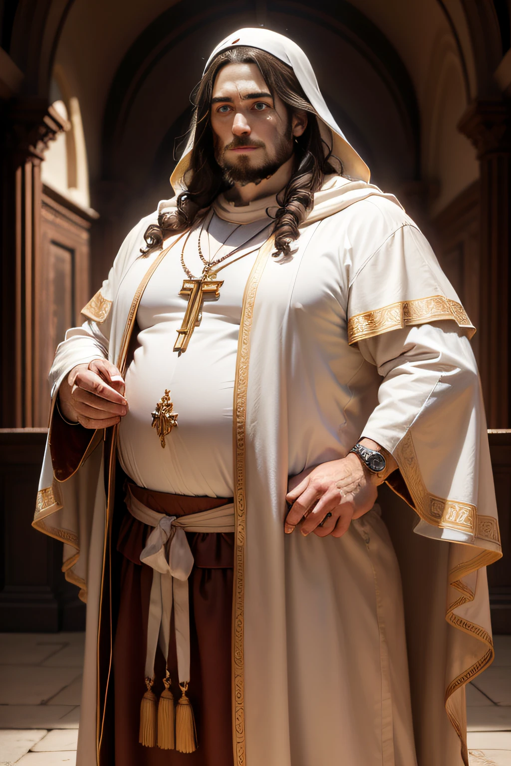 (La mejor calidad,4k,8k,Altas Resoluciones,obra maestra:1.2), ultra detallado, realista, retratos, HDR, UHD, profesional, colores vibrantes, jesus christ, sobrepeso, En pie, Large white tunic, Detailed facial features, kind expression, Arte religioso, figure biblical