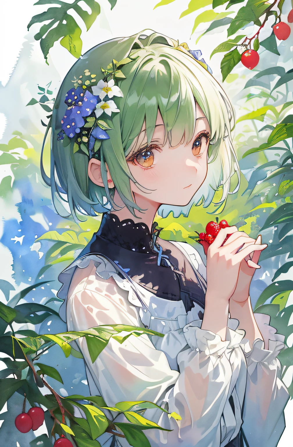 ((super detailed), #3b4195背景, beautiful flowers, berries, ferns, leaves, watercolor pattern of calming colors), (watercolor texture), ((1 girl), short hair, cute,