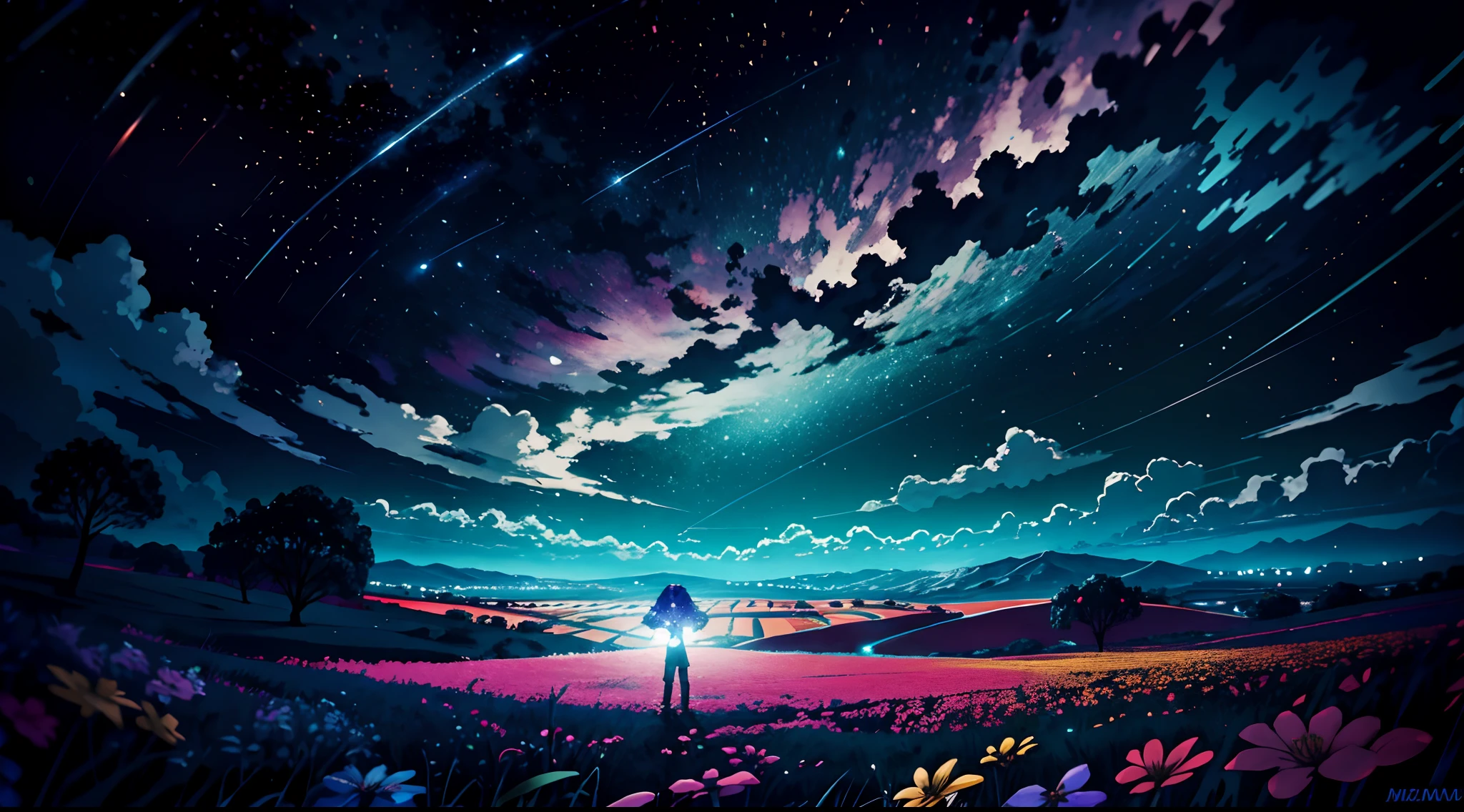 fotografia de paisagem expansiva,(olhe de baixo,Above is the fantasy sky,Below are the open fields),a girl standing on a flower field looking up,(pegue a chave:1.2),(meteoros:0.9),(Nuvem estelar:1.3),Montanha Far, tree BREAK making art,(fonte de luz quente:1.2),(Vaga-lume:1.2),lamp lights,muito roxo e laranja,Detalhes complicados,volumetric lighting BREAK(tmasterpiece:1.2),(melhor qualidade),4k,Ultra - Detalhado,(dynamic compositions:1.4),rico em detalhes,infinidade de cores,(Cor irridescent:1.2),(com luz brilhante,Atmospheric Illumination),magical dream,Magia,(sozinho:1.2), menos brilho, menos branco
