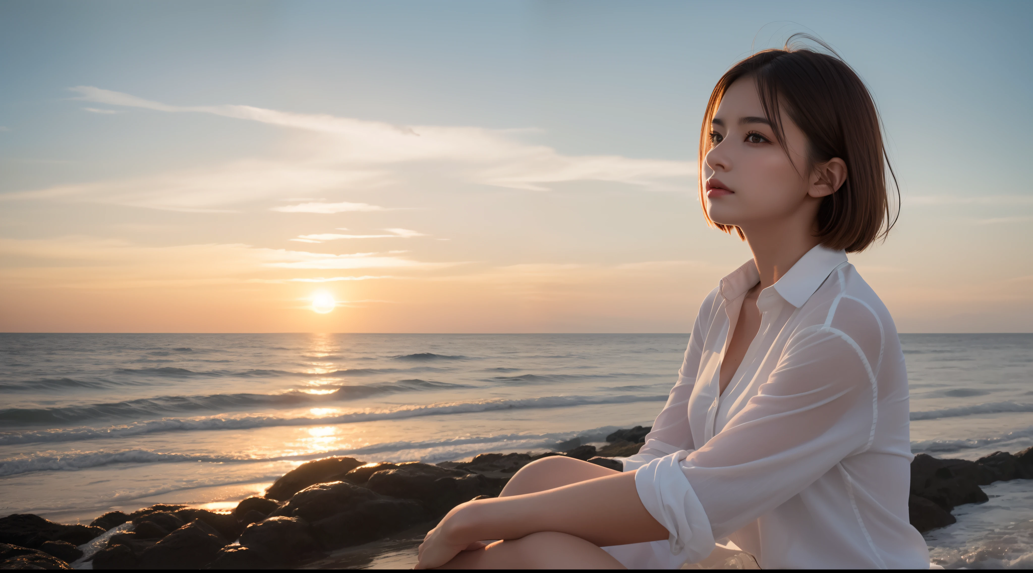 ((of the highest quality, 8K, masutepiece: 1.3, Raw photo)), Sharp Focus: 1.2, (1 AESPA Girl: 1.2), (Realistic, Photorealistic: 1.37), (Face Focus: 1.1), Cute face, tenderness, Small breasts, flat chest, Short messy hair, White shirt, beautiful woman sitting by the seaside at sunset, Sunlight, Movie Lighting