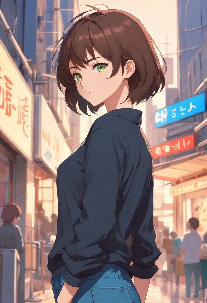 anime character of a woman with a black shirt longsleeve and blue jeans, short brown hair, neck length, green eyes, a digital painting inspired by Tomer Hanuka, trending on pixiv, serial art, heavy gesture style closeup, full body details, wearing casual clothes, style anime, anime style hyper detailed, anime style character, striking detailed artstyle, realistic artstyle, clean detailed anime style, modern anime style, Brown Hair