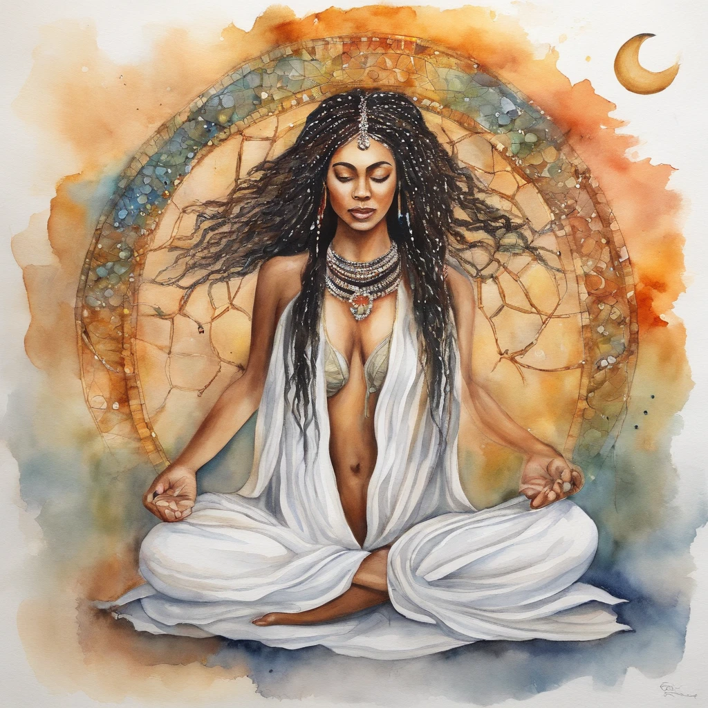Artistic painting of woman with drad in hair, bead necklace around the neck, both arms raised, sitting in a meditation pose, fundo preto, com planetas e estrelas