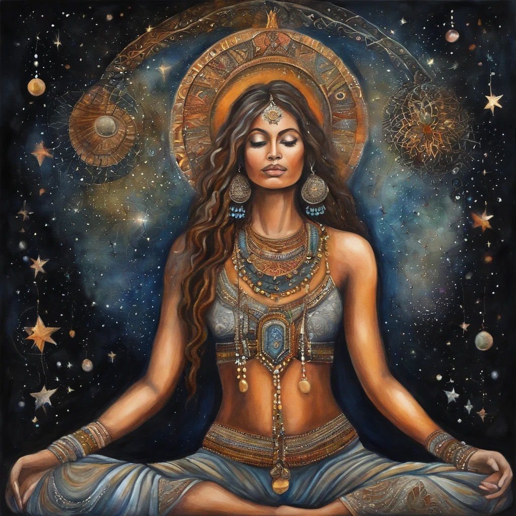 Artistic painting of woman with drad in hair, bead necklace around the neck, both arms raised, sitting in a meditation pose, fundo preto, com planetas e estrelas