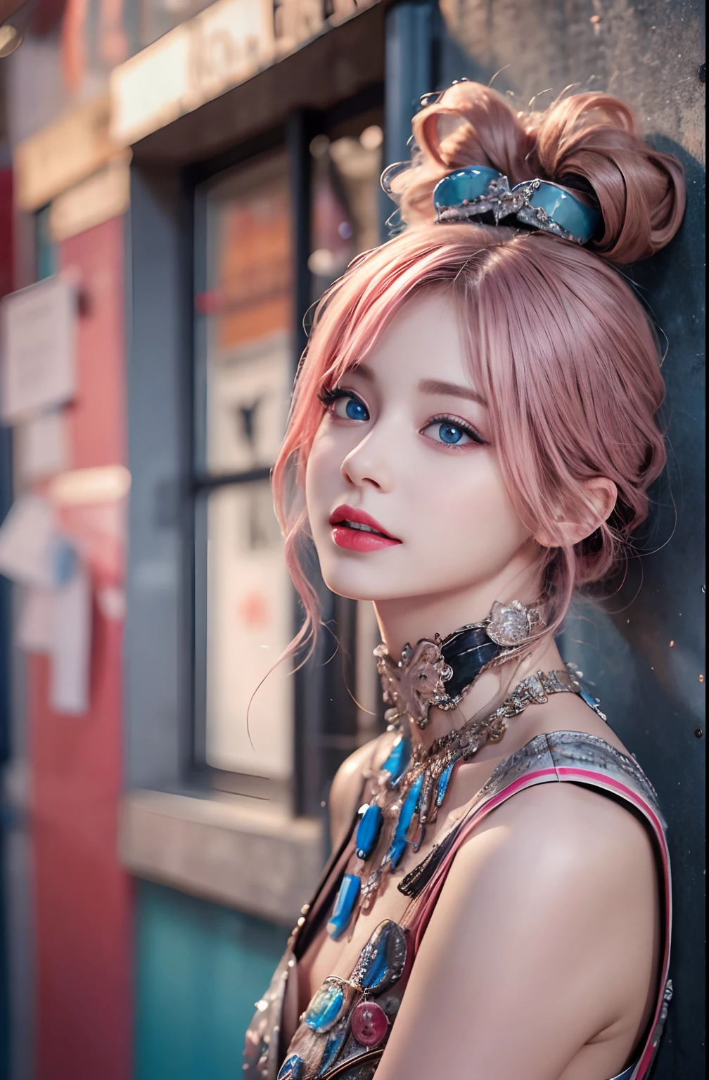 best quality, ultra high res, (photorealistic:1.4), (detailed beautiful girl:1.4), (medium breasts:0.8), looking_at_viewer, Detailed facial details, beautiful detailed eyes,pink hair, blue eyes, slender, haunting smile, (makeup:0.3), red lips, highly detailed clothes, (ulzzang-6500-v1.1:0.3)