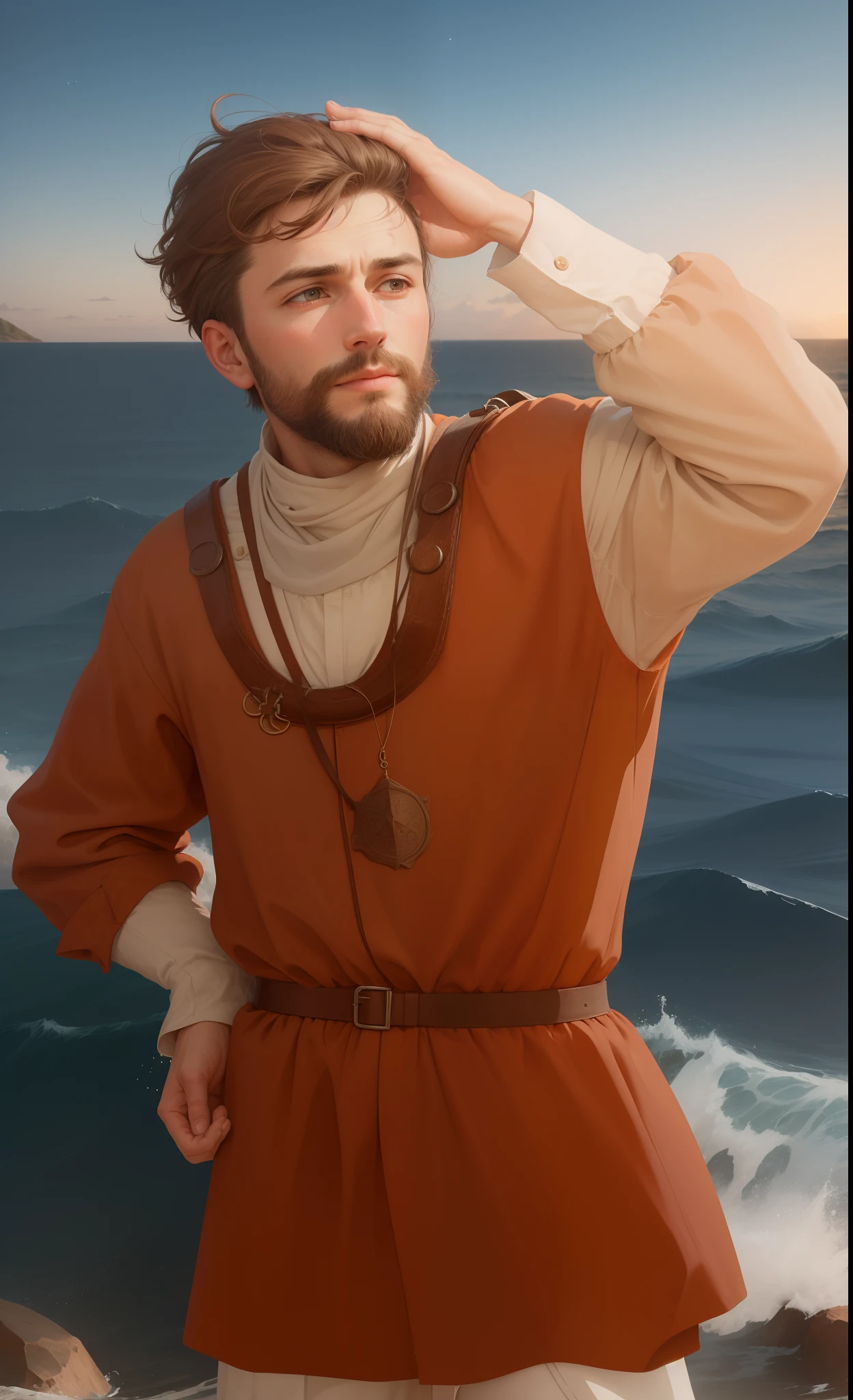 Albo, navigator, sea pilot, the greatest of all the times, great, hero, accurate measurements, with navigator's hat, brown hair, long brown beard, small eyes, staring to the front, middle-aged, man, 16th century, renaissance, Portuguese, age of exploration, background is a starry starry night, hero,impressive, Deep outline, handsome, great, energetic, neat, knowledgeable, clever, resilience , bright, decisiveness, tough, diligent, supportive,Ingenuity, firm, determined