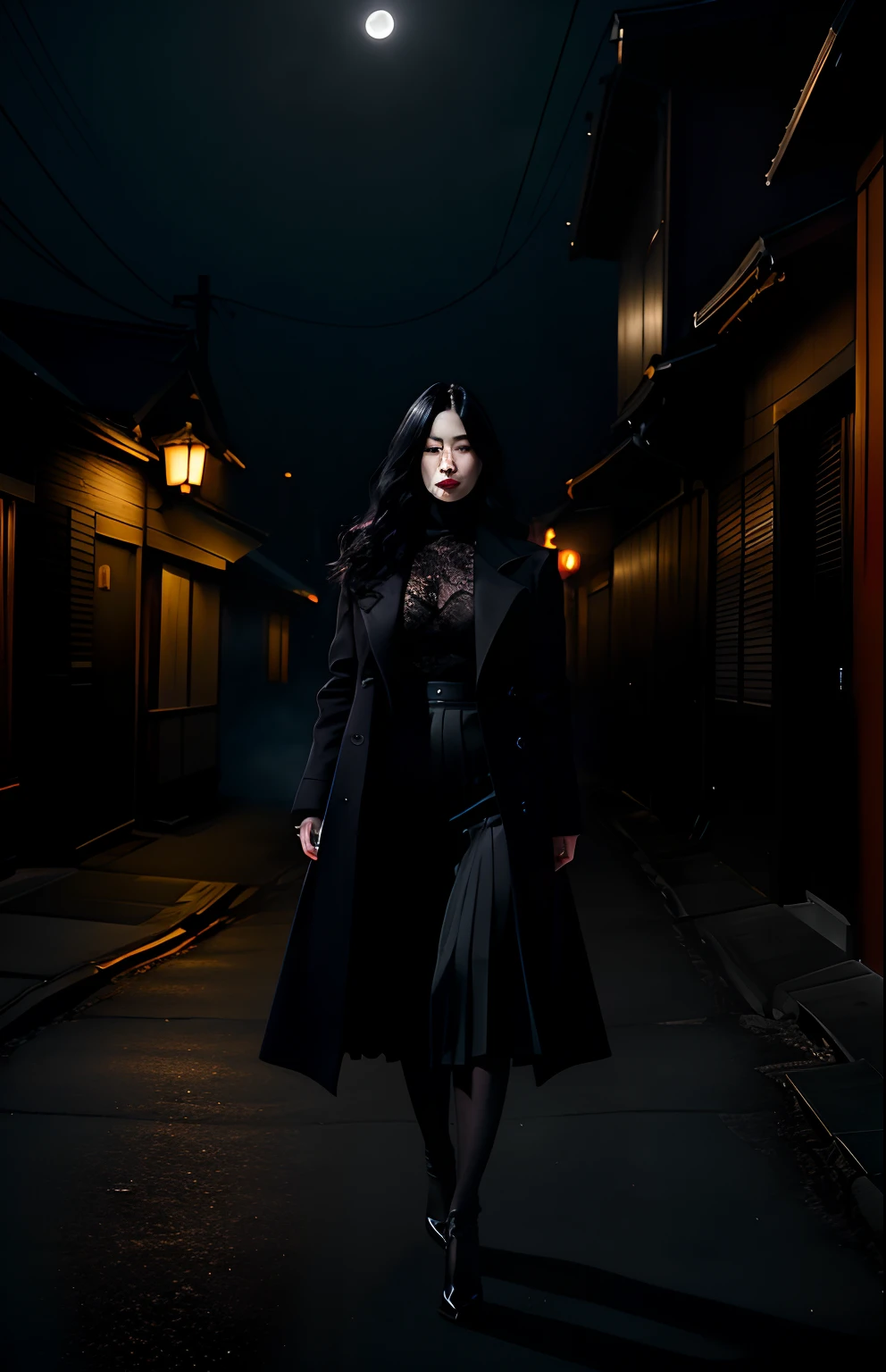 Horror theme element,dark, shadows, realistic high quality masterpiece, (beautiful) Japanese female, age 27,wavy long black hair, walking down dark moonlit alley,moon in sky in background, moonlit,with fog and shadows, spooky,nightime,cinematic lighting,dressed conservatively, wearing a deep purple lace top & double breasted coat black (buttoned up) closed coat black, medium length black skirt black.