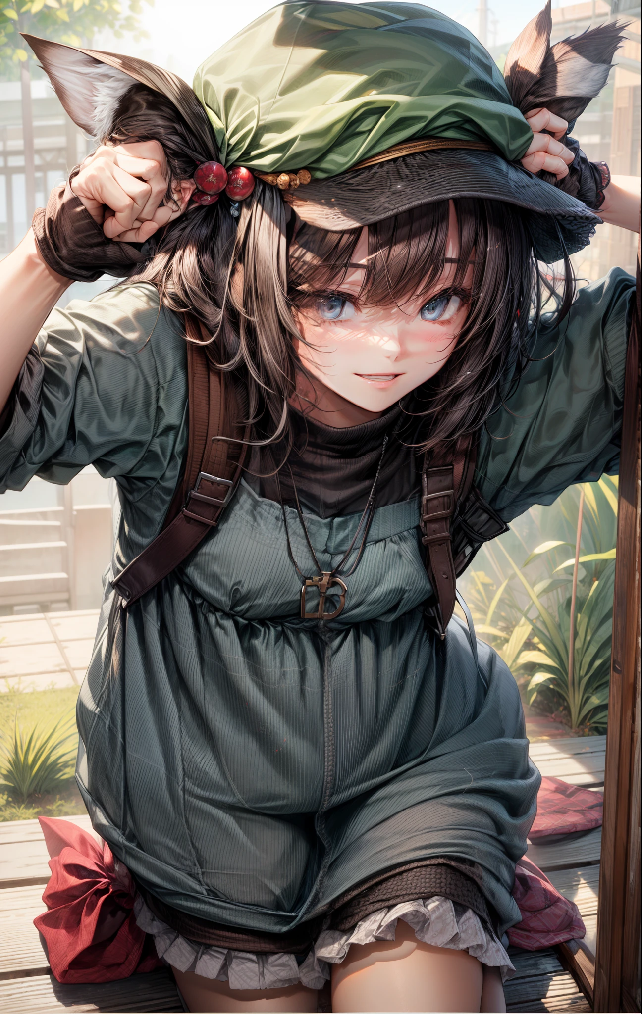 masutepiece, Best Quality, ,1girl in,Smile,Kawashiro Nitori, Closed mouth,two side up, hat,hair bobbles,backpack,keys,Hold cattail,Rubber boots,greybackground, (nffsw:0.7) Hires, Best Quality, Official art, NSFW, best anatomy, 1girl in, SEX, on the beds, POV, , Mission Grab, missionaries, masutepiece, Best Quality,Mission Grab,Doggie Grab