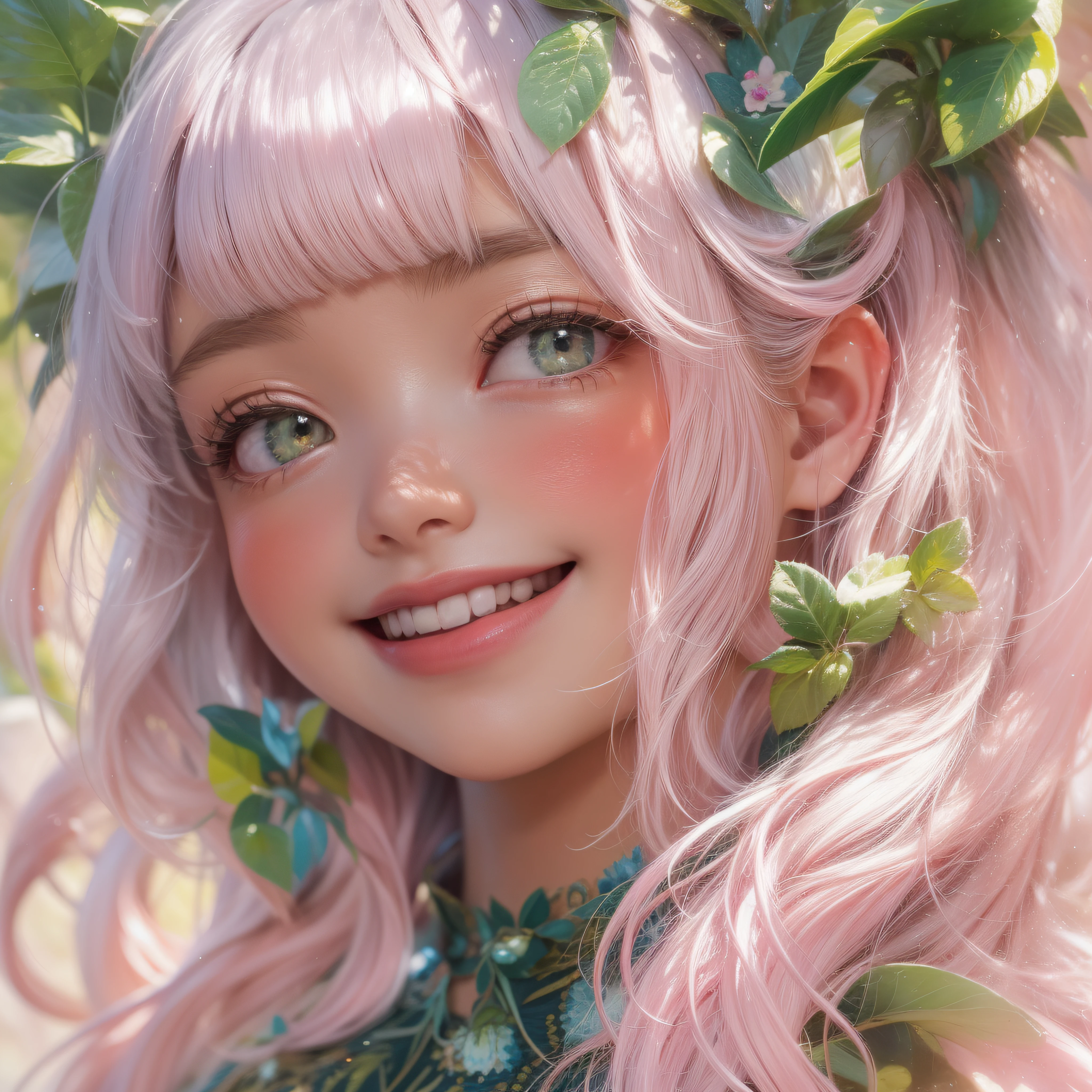 Close-up of laughing face、Close-up of laughing face、companion、makeup、Glossy lips、Shining eyes、A pink-haired、(realisitic、hight resolution)、(1 girl in)、Do-Up Eye、Korean Girl、(Best Quality), (masutepiece), (1girl in), Solo, a beauty girl, Perfect face, dreamlikeart、Highly detailed airbrush art((Surreal))、Volumetric lighting、(top-quality)、The ultra-detailliert、Highly detailed colorful details、(Bright lighting)、dynamic compositions、Ray traching、The mirror reflects light、Shallow depth of field、ultra-detailliert、mixing  exposure、nffsw、Her eyes shine with dark green、Pink glowing 3D heart、Pink glowing heart