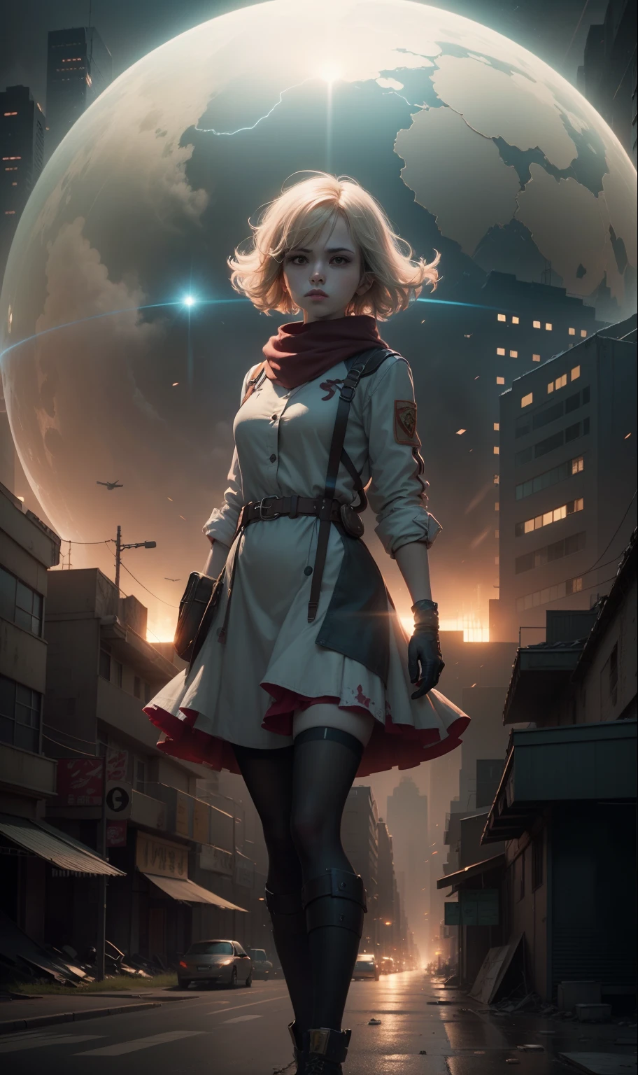 A cover art illustration of Alice Margatroid in the ambiance of Akira's dystopian setting. The artwork should depict Alice amidst the chaos and turmoil of a city under siege. The design should include familiar Akira elements such as the large red energy sphere and dramatic light trails, all in the context of Alice's magic. High resolution, hyper-detailed, with dramatic lighting, Unreal Engine, cinematic, elegant, post-production, post-processing color-coded UHD, 8K.