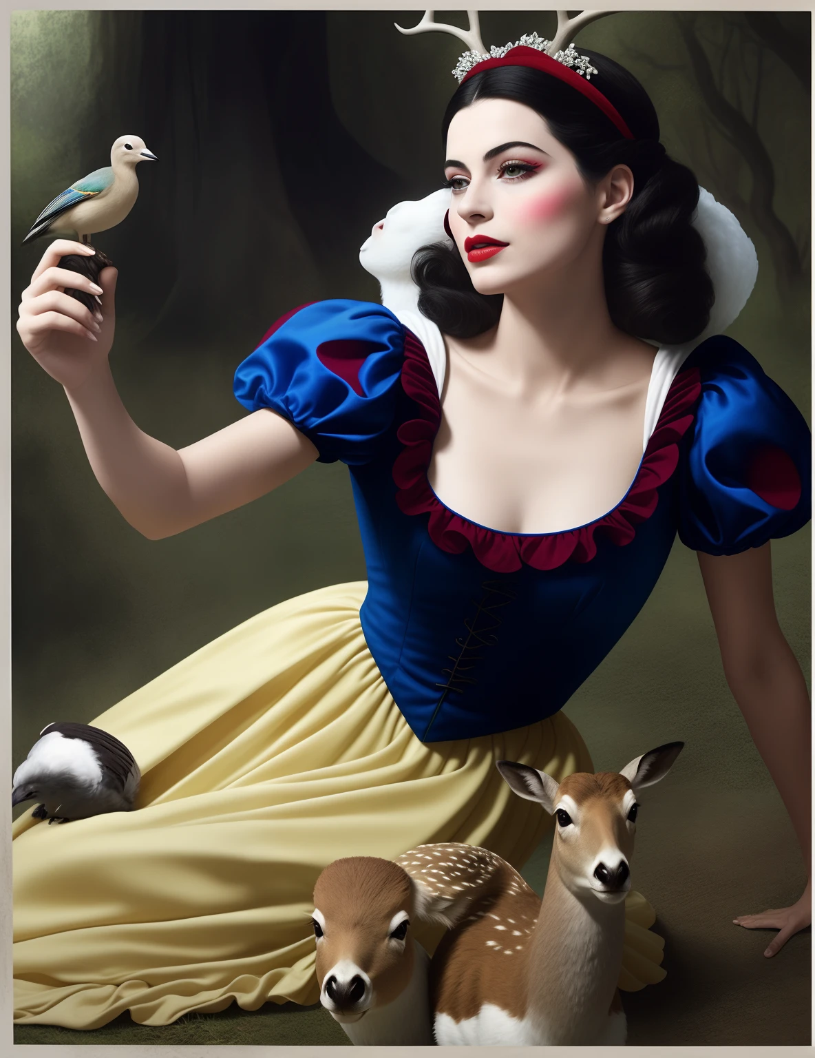 Araffe dressed as snow white with a bird and a deer, Branca de Neve, Retrato da Branca de Neve, pale snow white skin, 4K HD | |. cabelos brancos de neve, Steven Meisel Fotografia, Branca de Neve como um D & d lutador, Steven Meisel, Disney fotografia realista, fotografia", Directed by: Aninha Leibovitz, pele de porcelana", Disney fotografiarrealista |
