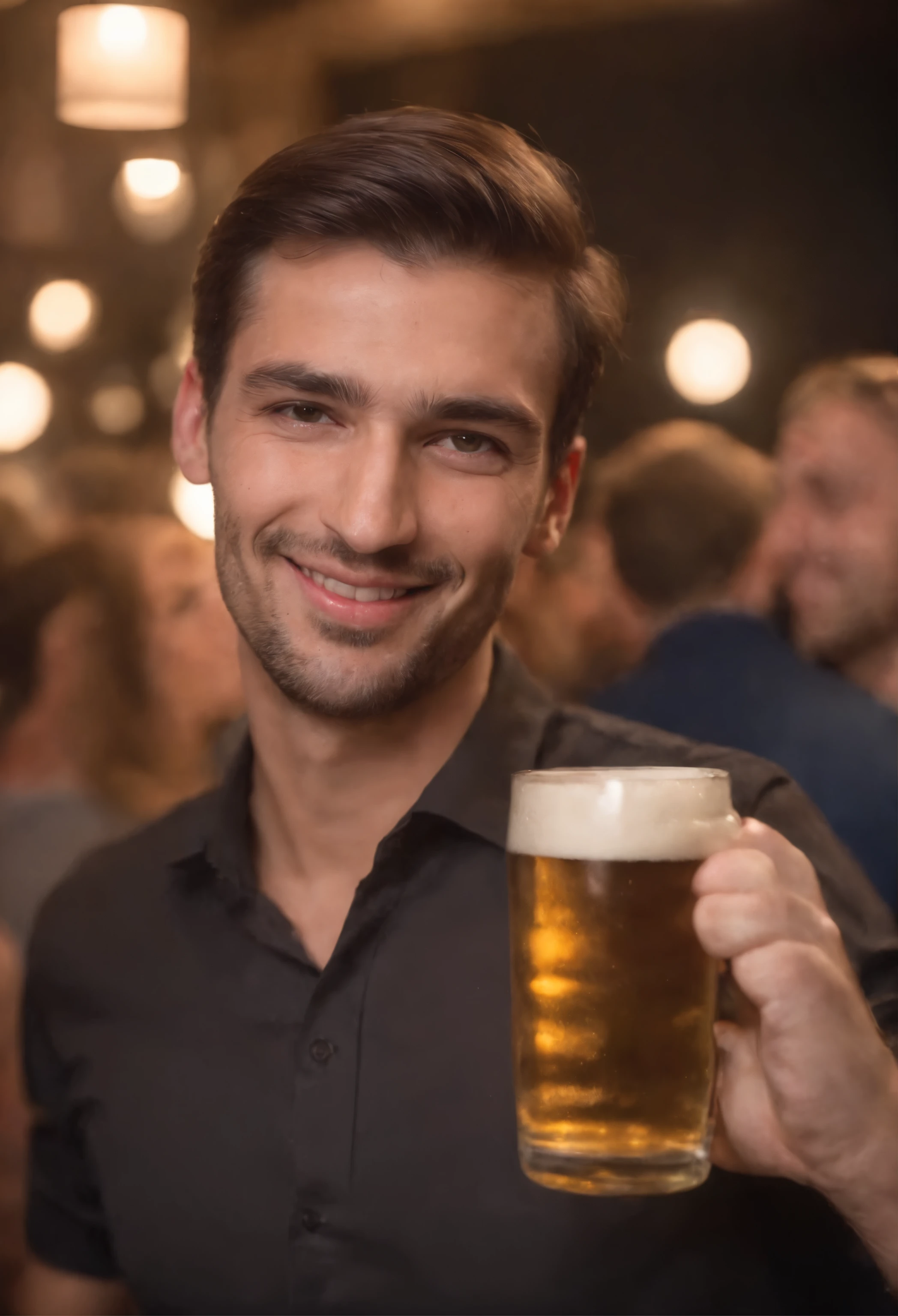 absurd resolution, high resolution, Tall Brazilian with German features with a glass of beer in hand at a party (master part: 1.4), hiper-detalhe, happy expression