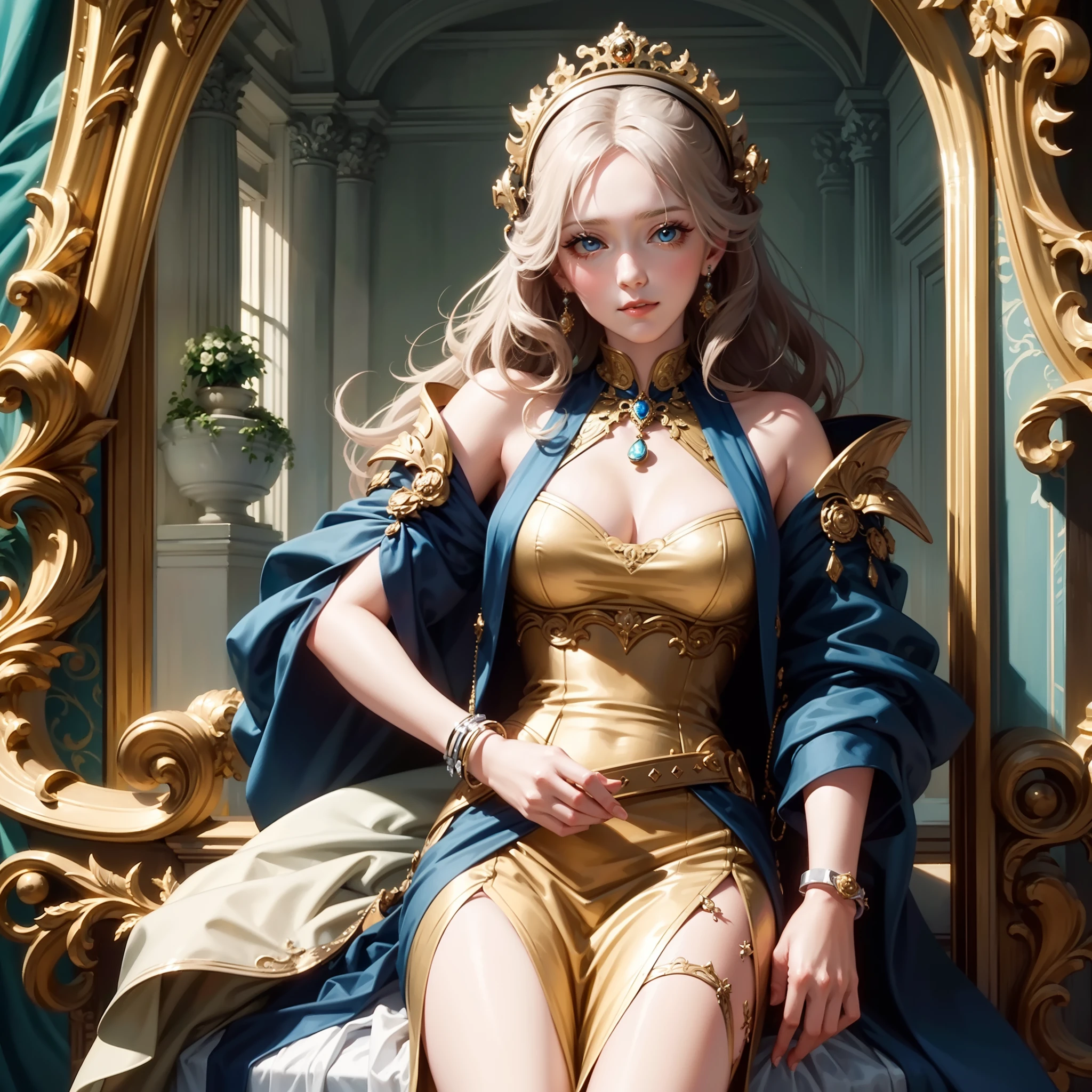 (Rococo style:1.1), (Art deco:1.1), masutepiece, Super Detail, High quality, awardwinning, 8K, Noble lady, Elegant dress, at the palace, Healing, recovery