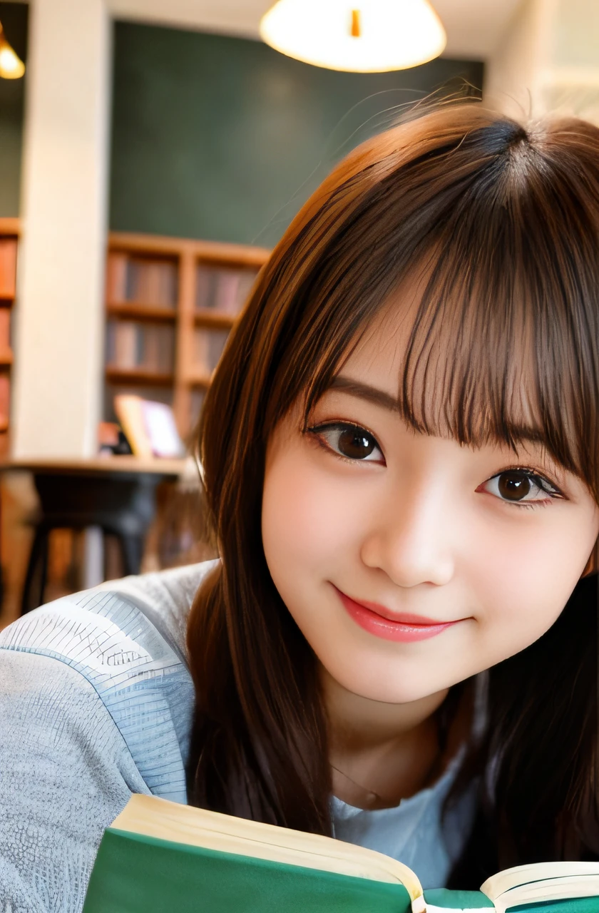 1girl, black hair, (15 years old:1.3),
coffee shop, europe, (reading a book:1.7), (whole body:1.3), a somewhat long face,
(8k, RAW photo, best quality, masterpiece:1.2), High detail RAW color photo, professional photograph,(realistic, photo realistic:1.2), ((best quality)), bokeh, using reflectors, f/1.4, 50mm,
japanese girl, detailed beautiful face, finely detailed face, (bashful smile:1.2), captivating smile, beautiful, extremely pretty, cute like a doll, female idol, round big eyes, small nostrils,