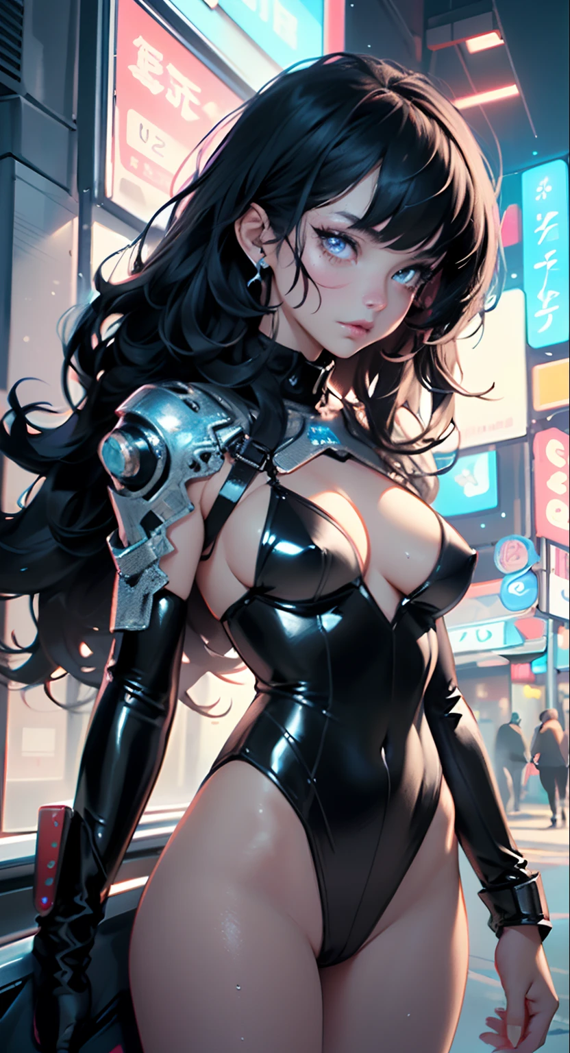 girl spacepunk,(((1girl))),((cute and beautiful black haired girl)),
(large breasts:1.4),saggy breasts,(((black wavy hair:1.35,absurdly long unkempt hair,messy hair,colored inner hair,ear breathing))),((neon purple eyes,intricate eyes,beautiful detailed eyes,neon color eyes:1.5,glowing eyes,symmetrical eyes)),((fat)),(((lustrous skin:1.5,bright skin: 1.5,skin tanned,shiny skin,very shiny skin,shiny body,plastic glitter skin,exaggerated shiny skin,illuminated skin,wet legs))),(spider lower abdomen,narrow waist,wide hip,athletic body,inflated legs,delicate detailed fingers,detailed body,human hands,(detailed face)),
cute,slutty,erotic,((nsfw)),
zettai ryouiki,revealing clothing,show skin,(wearing a mechanical space body armor:1.3,micro bikini,bare legs),with micro clothes,almost totally naked,with little clothing,tiny thong,generous neckline,((wet clothes,intricate outfit,intricate clothes)),
dynamic pose:1.0,embarrassed,(centered,scale to fit dimensions,Rule of thirds),
cyberpunk city by the ocean at night, with bright neon signs and dark stormy clouds and puddles,
highres, sharp focus, (ultra detailed, extremely detailed), (photorealistic artwork:1.37),(extremely detailed CG unity 8k wallpaper),((synthwave background theme)),(((vibrant colors,))),(intricate),(masterpiece),(best quality),synthwave neon colors,