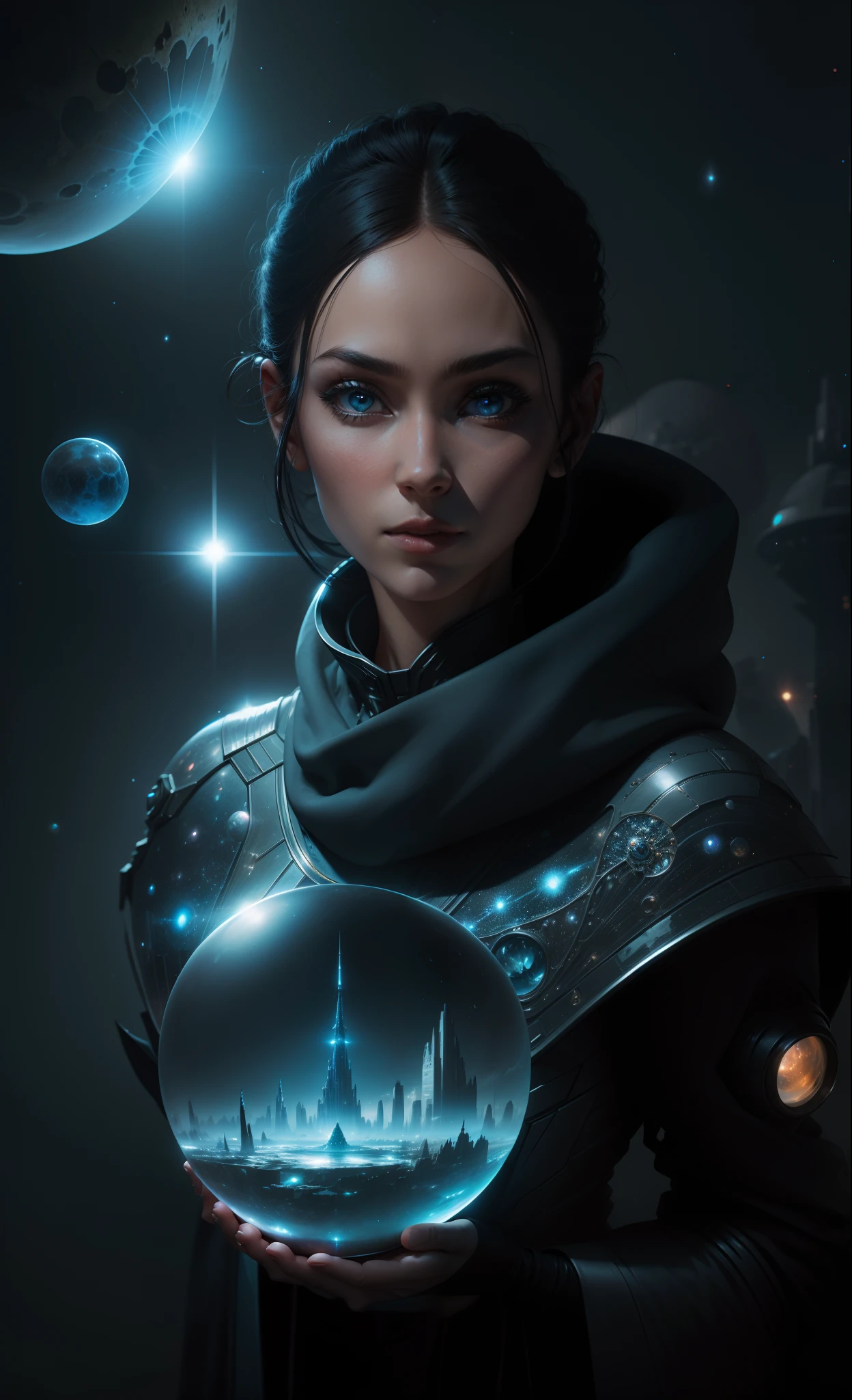 A beautiful alien space woman holds a crystal ball in her hand, inside is an alien world filled with futuristic buildings of spires of glass, photo realistic imagery, hyperdetailed, stars nebula and planet background 8k resolution.