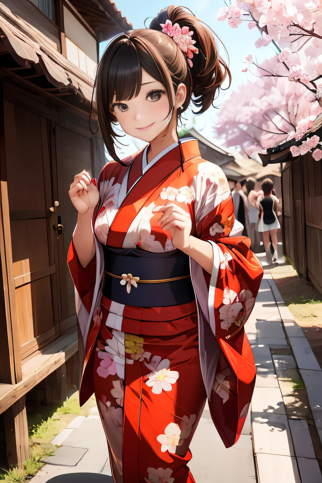 Japan Idol Girl,Add a motion blur effect to simulate motion,hight resolution,Girls Elegant Kimono,Floral kimono on shiny red fabric,Ponytail,flying hair,extremely delicate and beautiful face,Cherry Blossom Hair Ornament,Dance a fierce Japan dance at,Under the cherry blossoms with fluttering petals,Spread your arms、Place one hand in front of you,Beautiful hands,Beautiful Finger,Full body shot,Glossy light brown and orange striped shorthair,Cute smile,Perfect round face,A cheerful smile that makes the viewer happy,Proper body proportion,Beautiful hands,Beautiful fingers,Detailed finger features,detailed clothes features,Detailed hair features,detailed facial features,