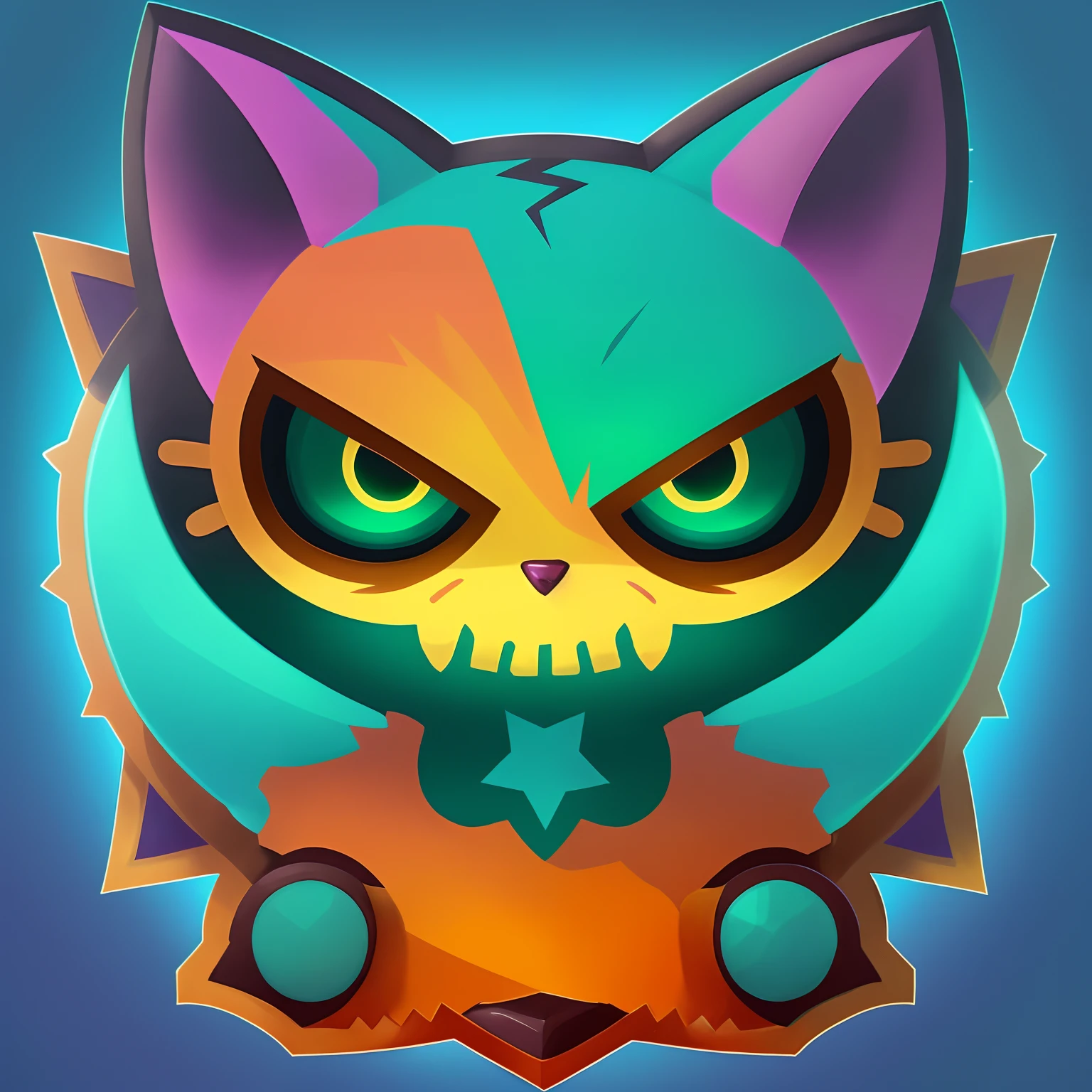 A closeup of a cartoon cat with a skull on its head, Estilo Duelyst, stylised fox - like appearance, demon cat, Tabaxi, toxic cat, gatinho chefe mundial, jinx arcano, Fox de League of Legends Chibi, Tabaxi :: Velhaco, Goblinko, Splash Art Brawlstars, Estilo de League of Legends