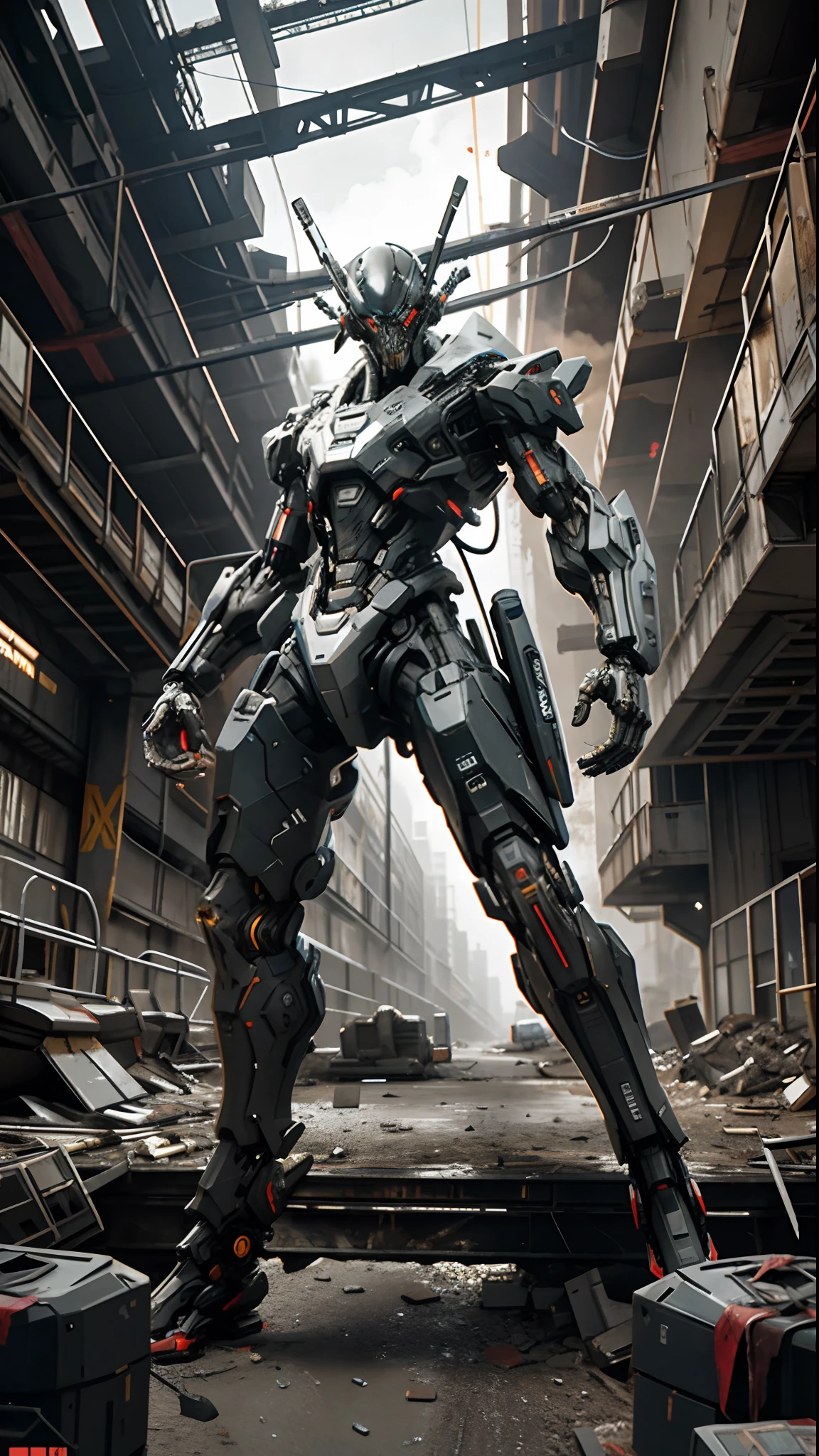 A chillingly realistic photograph captures a nightmarish scene of a cybernetic zombie holding and firing heavy rotative gatling gun, its decayed flesh intertwined with advanced cybernetic enhancements, artificial cyber eyes, complete wired body, cyber arms and legs, flesh, partial skin over body, standing in eerie solitude amidst a dystopian, post-apocalyptic landscape. Shot with a 135mm lens, this image showcases the grotesque fusion of human and machine with stark clarity.
 Movie Still, Film Still, Cinematic, Cinematic Shot, Cinematic Lighting