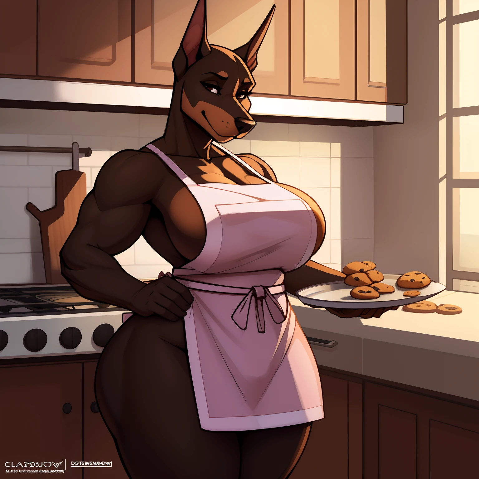 Very_muscular_mature_doberman female dark_brown_two-tone_furry_body brown_eyes milf cooking_apron tray_of_cookies kitchen wife solo Masterpiece best_quality absurdres highly_detailed cleanly_drawn_eyes anthro_only large_breasts by_claweddrip, by_greasymojo, by_underscore-b, by_runawaystride