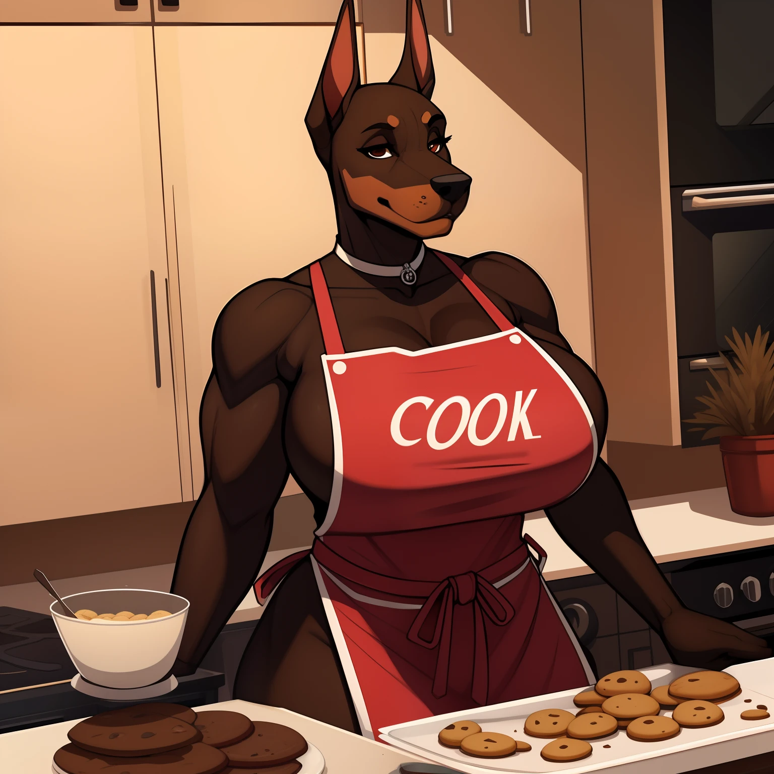 Very_muscular_mature_doberman female dark_brown_two-tone_furry_body brown_eyes milf cooking_apron tray_of_cookies kitchen wife solo Masterpiece best_quality absurdres highly_detailed cleanly_drawn_eyes anthro_only large_breasts by_claweddrip, by_greasymojo, by_underscore-b, by_runawaystride