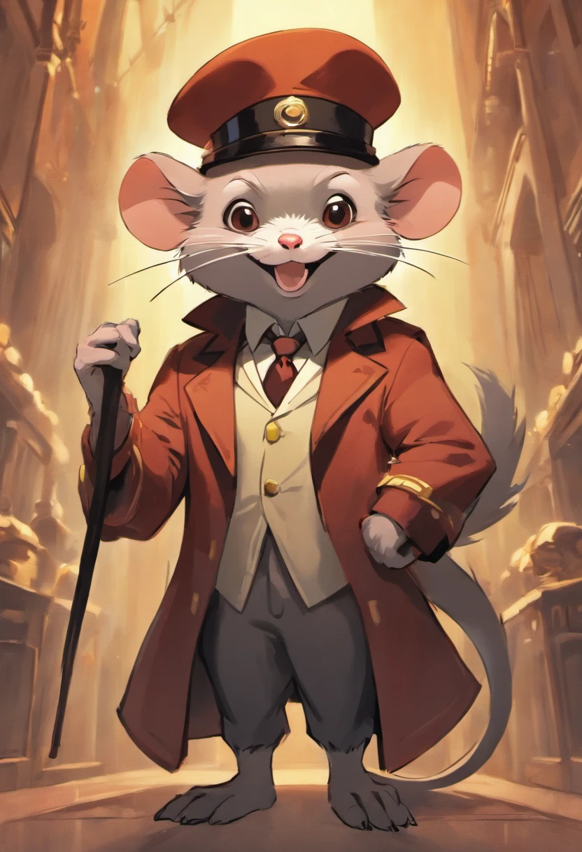 Cartoon of a monkey with a hat and a cane, "Retrato de um animal de desenho animado, character with a hat, inspirado em Alex Petruk APe, arte conceitual dos desenhos animados, peludo estilizado da disney, um retrato do personagem, an anthropomorphic gangster rat, No estilo de Kyrill Kotashev, anthropomorphic gangster rat, design de personagens aardman