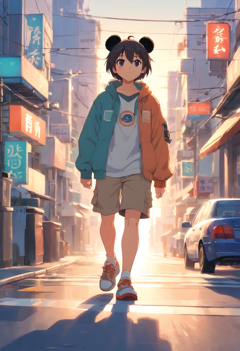 ((foto crua)), ((obra-prima)), Anthropomorphic humanoid panda wearing street clothes, andando entre as pessoas, detalhe intrincado, intricate Greebles pieces, city behind with ocean and beach, sneaker, corpo musculoso, muscular arms, small head, Ogro monstruoso, Titan, soft-lighting, Hiper realista
