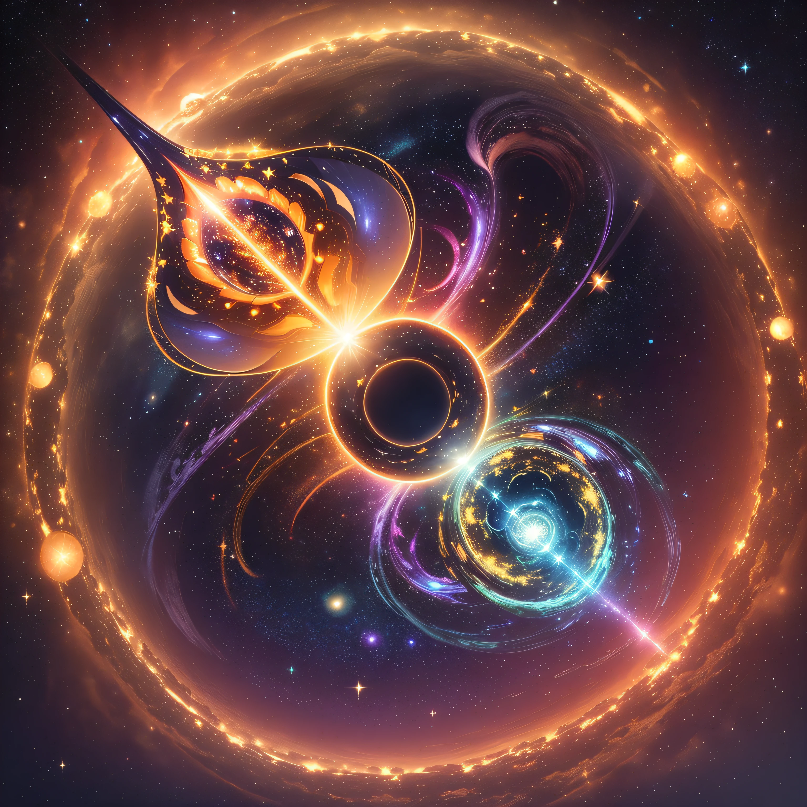 Galaxy formed by different esoteric symbols of different cultures and different colors, forming among them patterns of golden ratio --auto