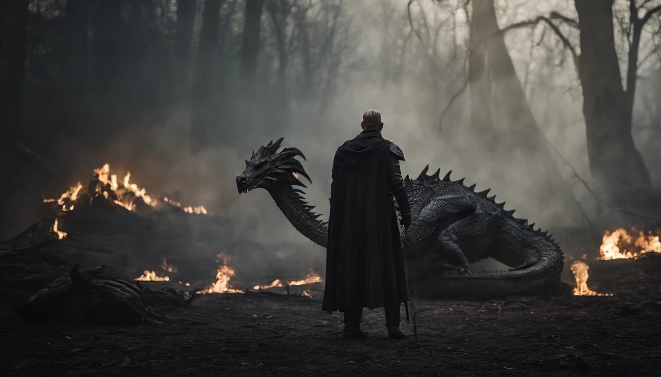 A Knight standing amidst the smoldering remains of a dead rough dragon