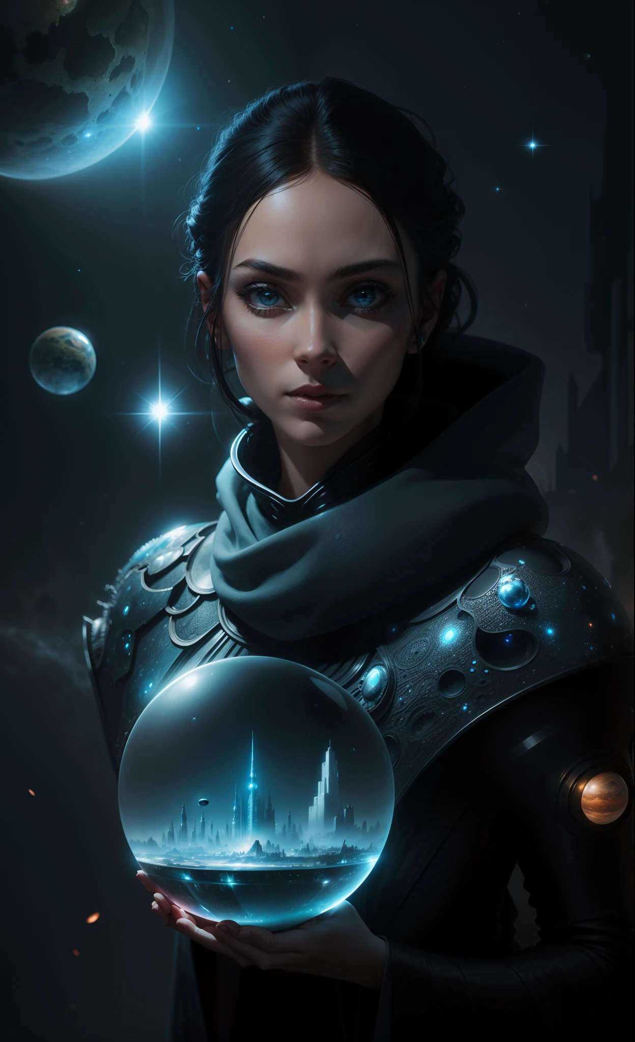 A beautiful alien space woman holds a crystal ball in her hand, inside is an alien world filled with futuristic buildings of spires of glass, photo realistic imagery, hyperdetailed, stars nebula and planet background 8k resolution.