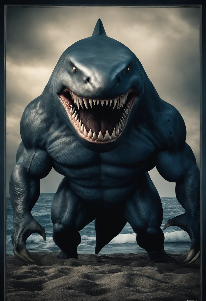 It creates a compelling image of King Shark, the DC Comics character, in an intimidating and powerful pose. Be sure to capture his unique appearance as a humanoid shark with imposing musculature and sharp teeth. He uses dark colors and blue tones to reflect his connection to the ocean and its threatening nature. Pay attention to the details of the texture of his skin and his fierce gaze. Make sure the image conveys its strength and imposing character