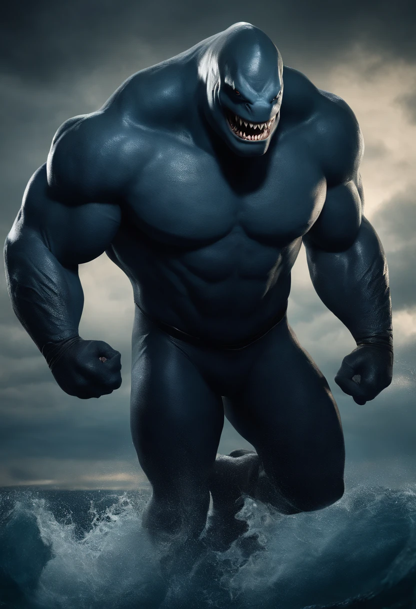 It creates a compelling image of King Shark, the DC Comics character, in an intimidating and powerful pose. Be sure to capture his unique appearance as a humanoid shark with imposing musculature and sharp teeth. He uses dark colors and blue tones to reflect his connection to the ocean and its threatening nature. Pay attention to the details of the texture of his skin and his fierce gaze. Make sure the image conveys its strength and imposing character