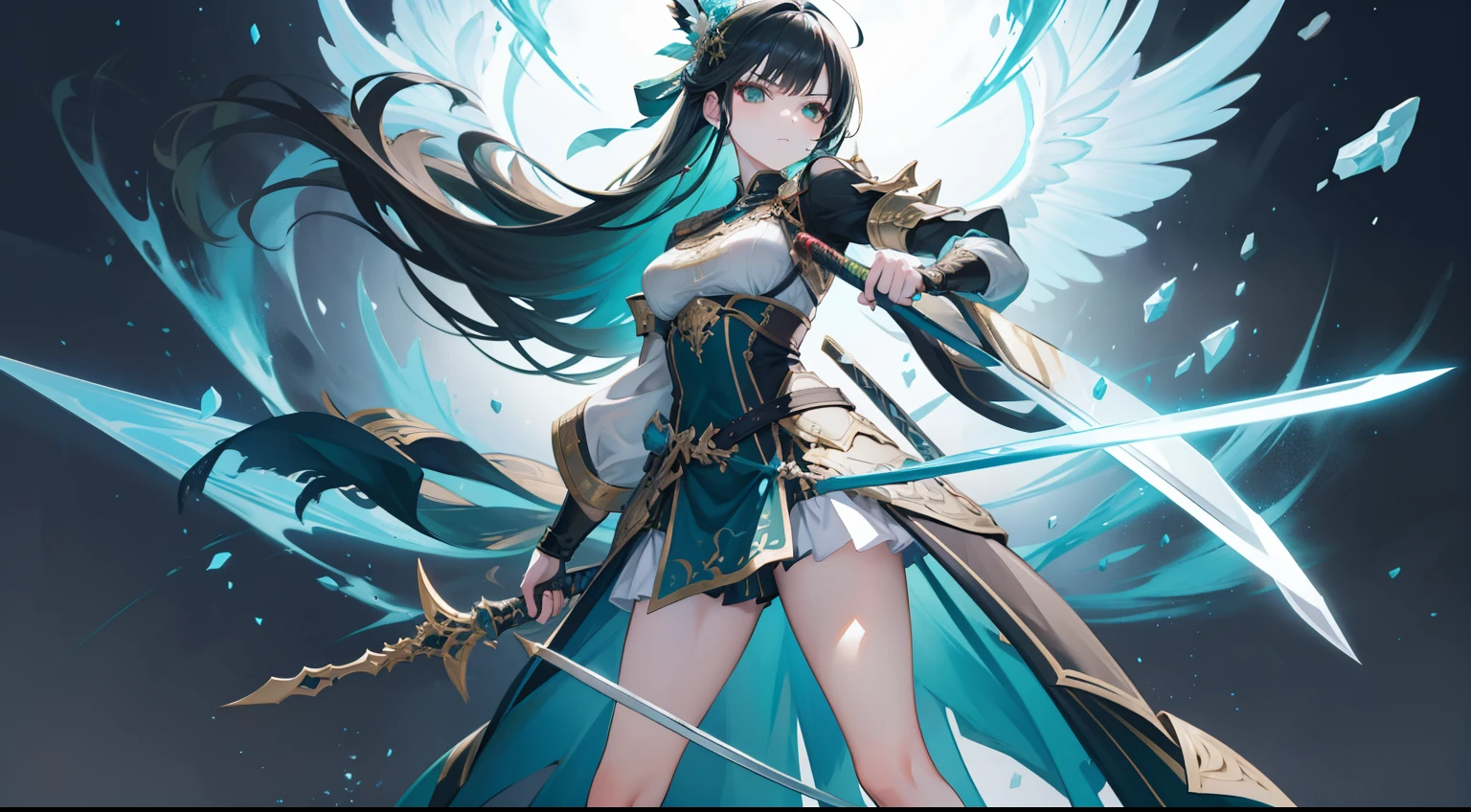 The image of a sword fairy of a woman holding a sword and a lot of swords, Extremely detailed Artgerm, ,Bunched black hair,green-eyed, Style Artgerm, Art germ on ArtStation Pixiv, Full body detail 4K,Dreamlike,and its detailed full-body detail 4K