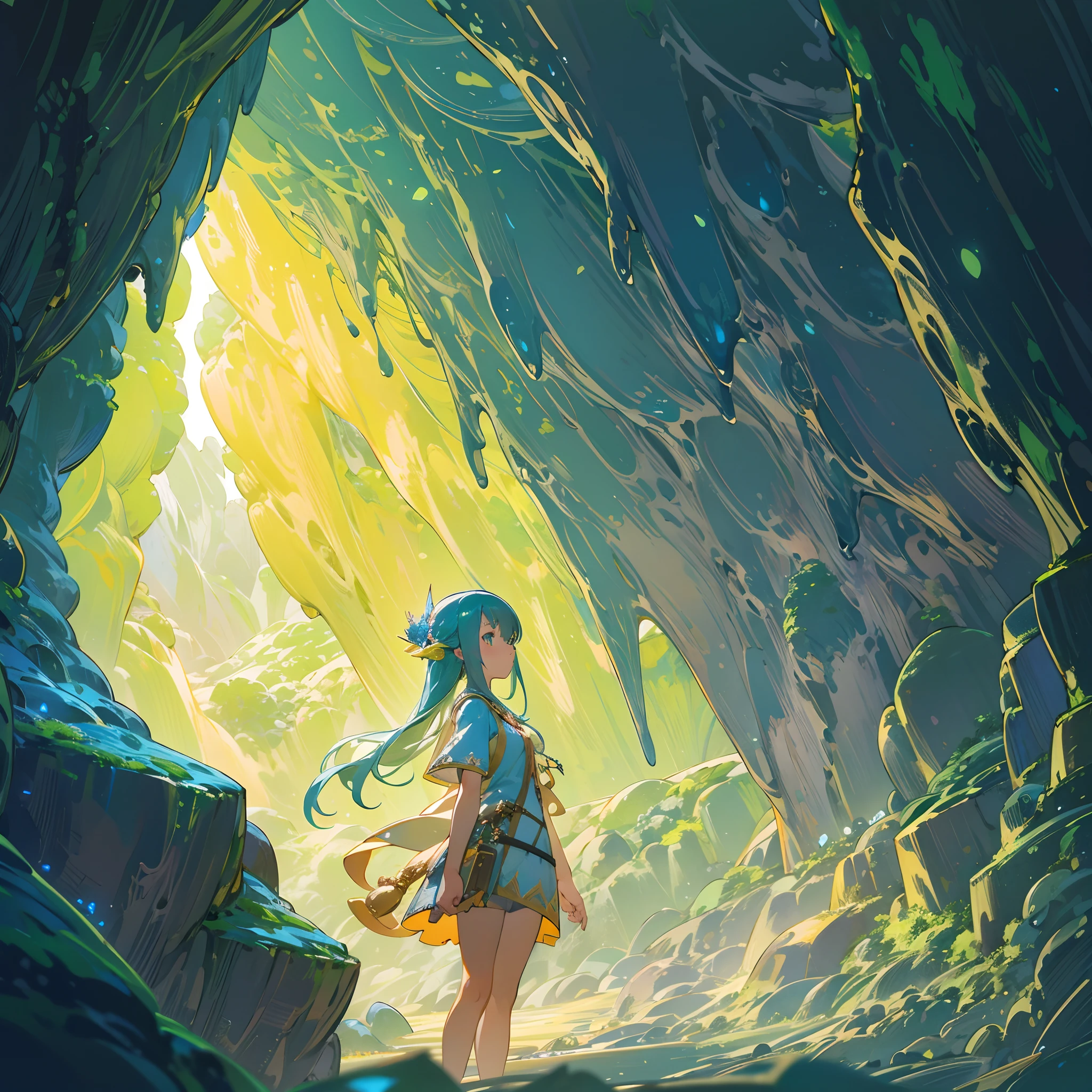 Japanimation, eroge, Incredibly hyper-detailed and intricately realistic, Perfect, Cover art, zoomout, hyper detailed painting, luminism, with an intricate, 4k resolution concept art portrait, extremely high level illustration, 16k, extremely high level illustration, absurd resolution, absurd detailed, soft and warm lighting, (((masterpiece))), best quality, extremely detailed, fantasy lighting, beautiful detailed glow, perspective, depth of field, proportion, blurry background, bokeh, sharp focus, depth and dimension, Fantasy scene, Fantasy composition, Fantasy lighting, an extremely beautiful detailed Cave, Beautiful, Slime clinging to the ceiling of the cave, girl