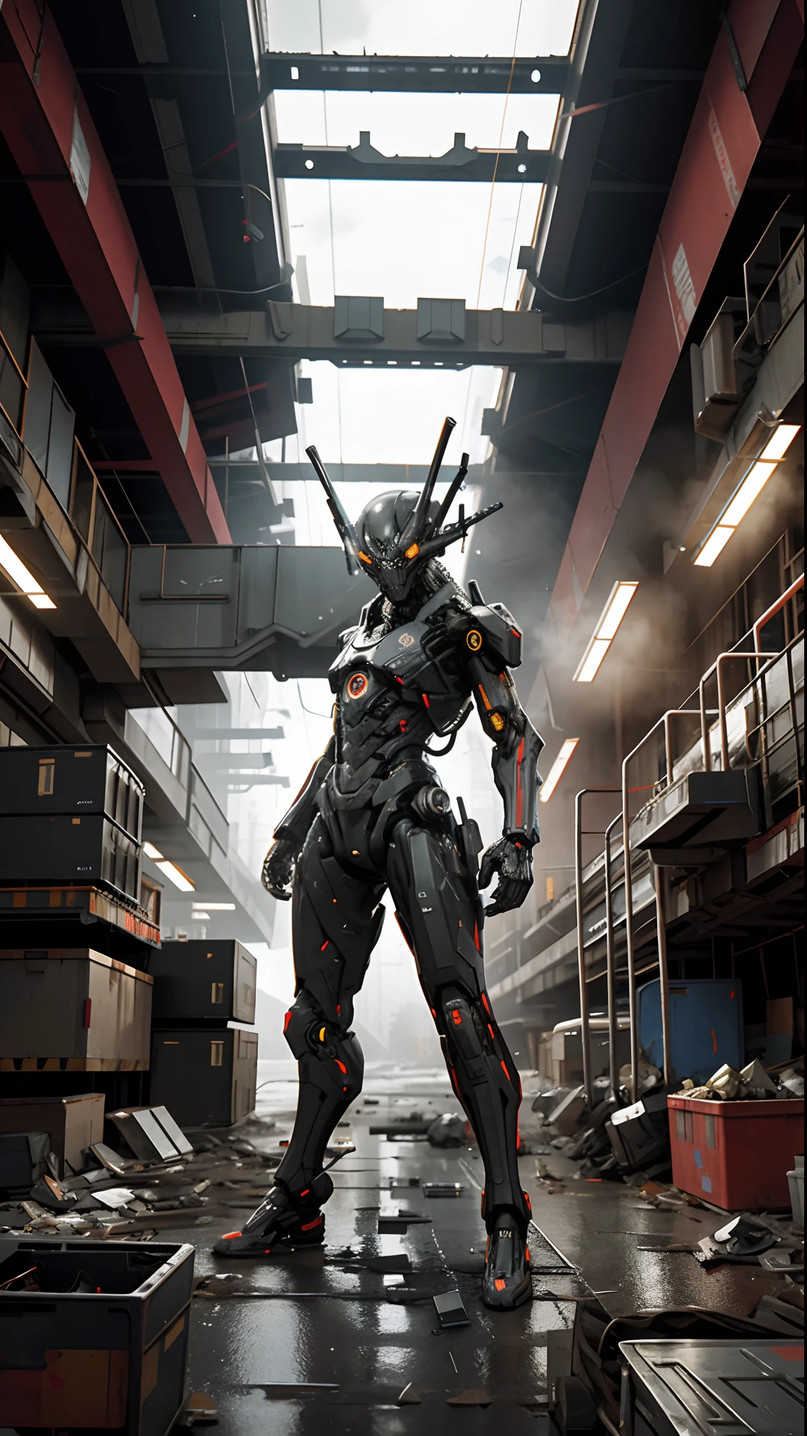 A chillingly realistic photograph captures a nightmarish scene of a cybernetic zombie holding and firing heavy rotative gatling gun, its decayed flesh intertwined with advanced cybernetic enhancements, artificial cyber eyes, complete wired body, cyber arms and legs, flesh, partial skin over body, standing in eerie solitude amidst a dystopian, post-apocalyptic landscape. Shot with a 135mm lens, this image showcases the grotesque fusion of human and machine with stark clarity.
 Movie Still, Film Still, Cinematic, Cinematic Shot, Cinematic Lighting