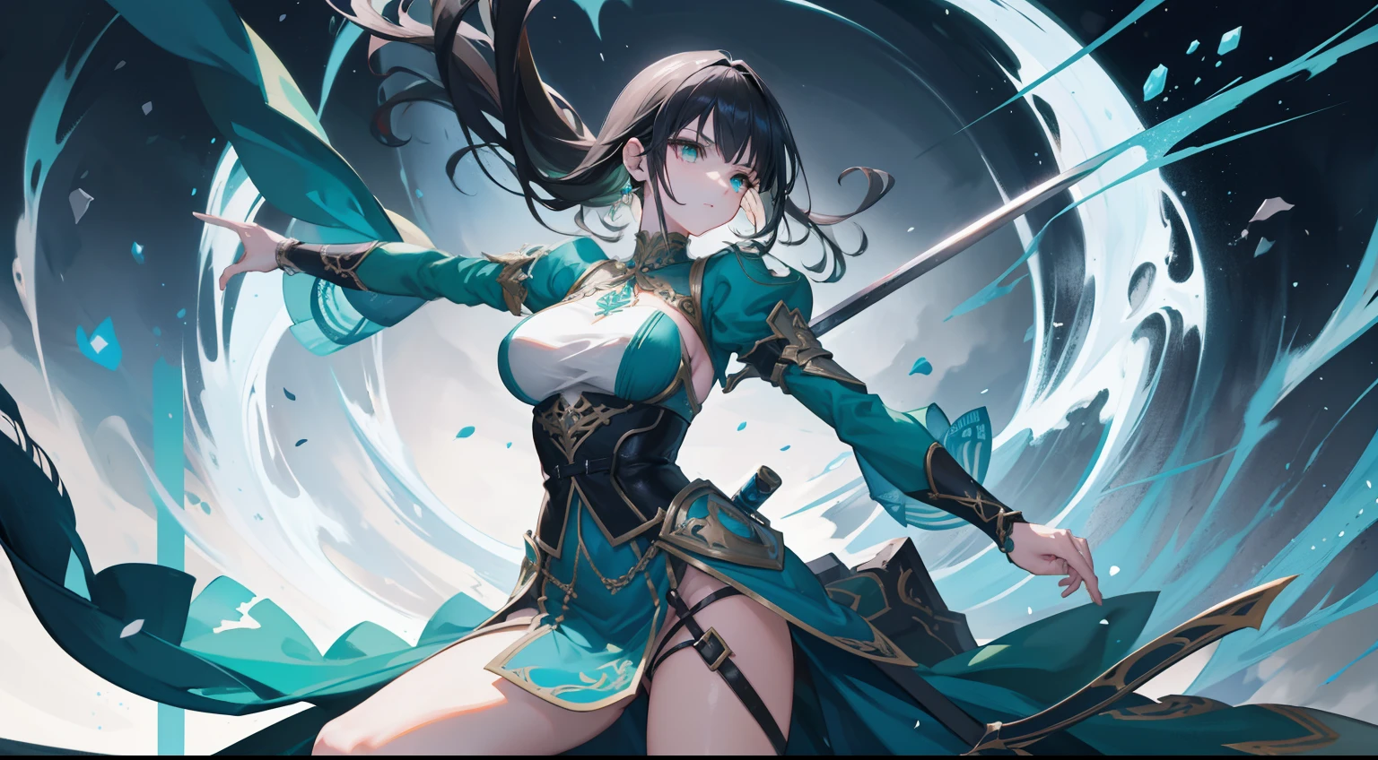 The image of a sword fairy of a woman holding a sword and a lot of swords, Extremely detailed Artgerm, ,Bunched black hair,green-eyed, Style Artgerm, Art germ on ArtStation Pixiv, Full body detail 4K,Dreamlike,and its detailed full-body detail 4K